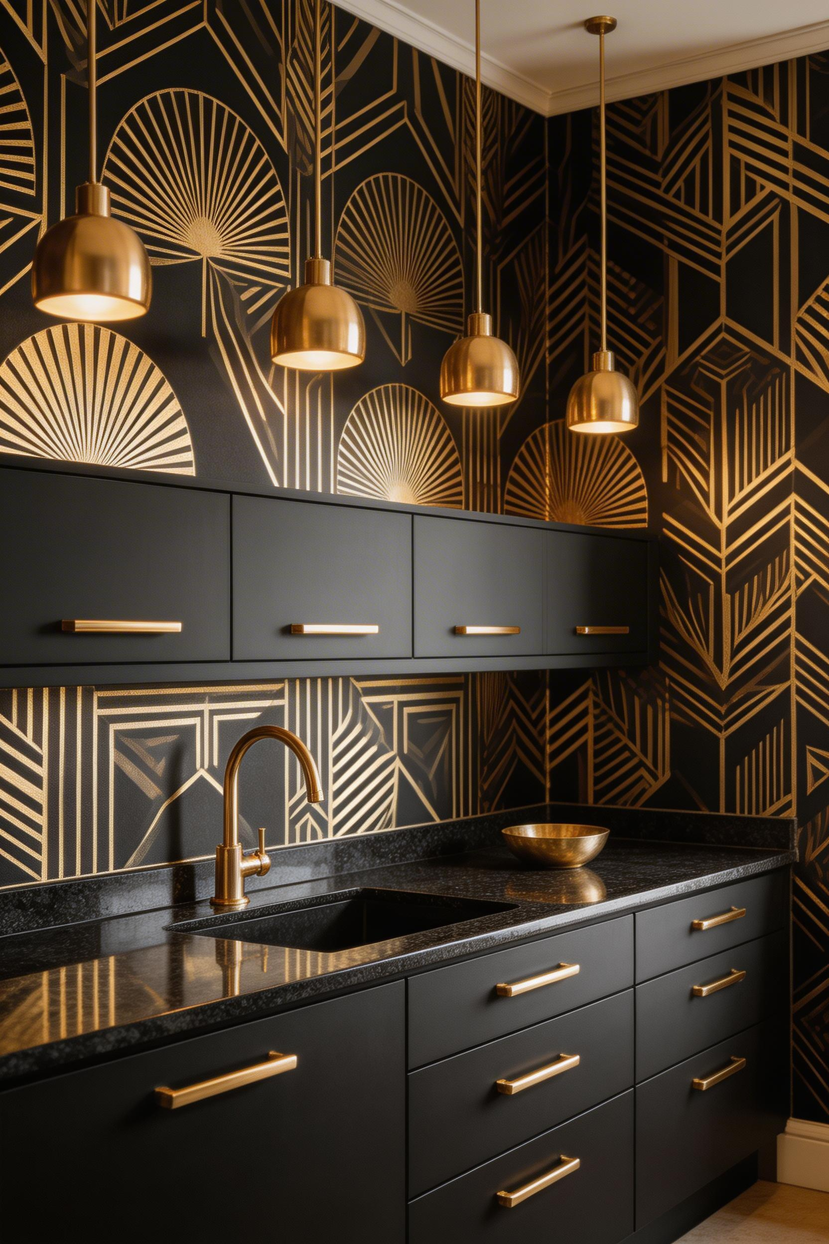 Art deco gold geometric kitchen wallpaper with black cabinets and brass fixtures, with natural light and editorial styling.