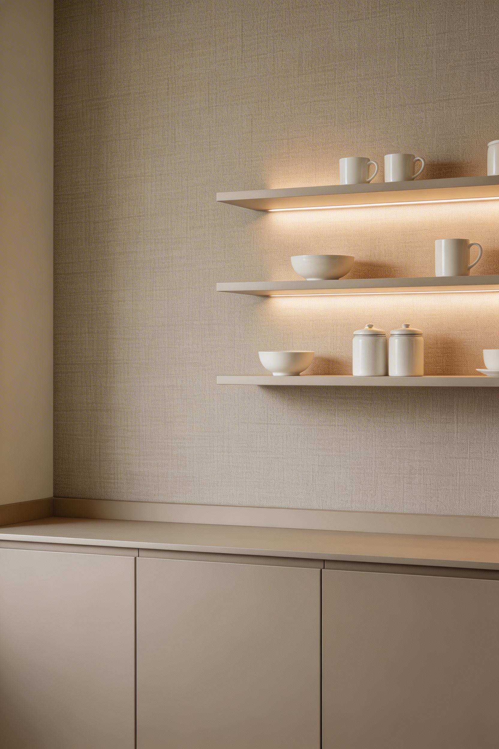 Subtle linen-texture kitchen wallpaper in a minimal clean kitchen, with natural light and editorial styling.