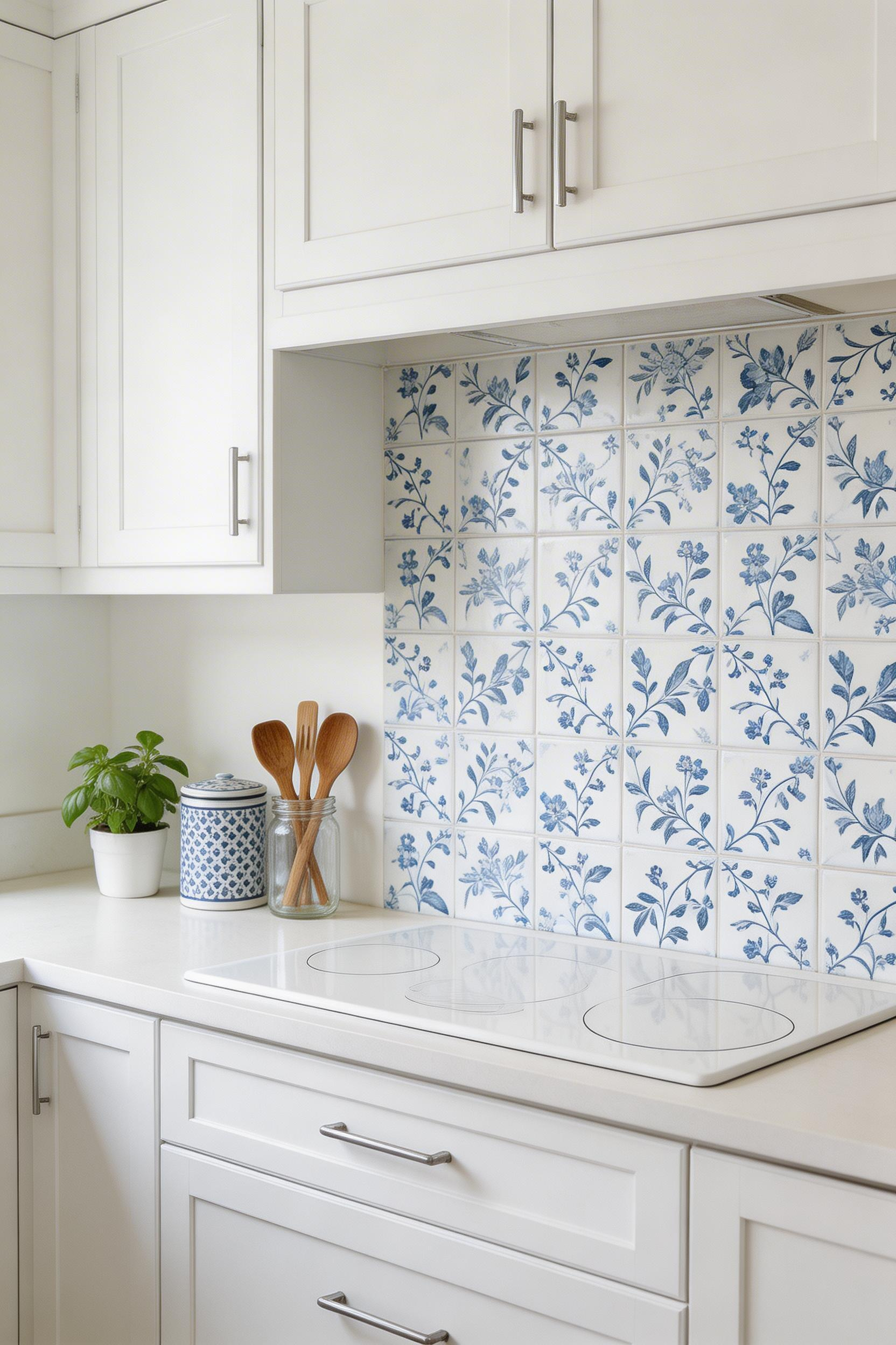 Peel-and-stick kitchen wallpaper in blue tile pattern for renters, with natural light and editorial styling.