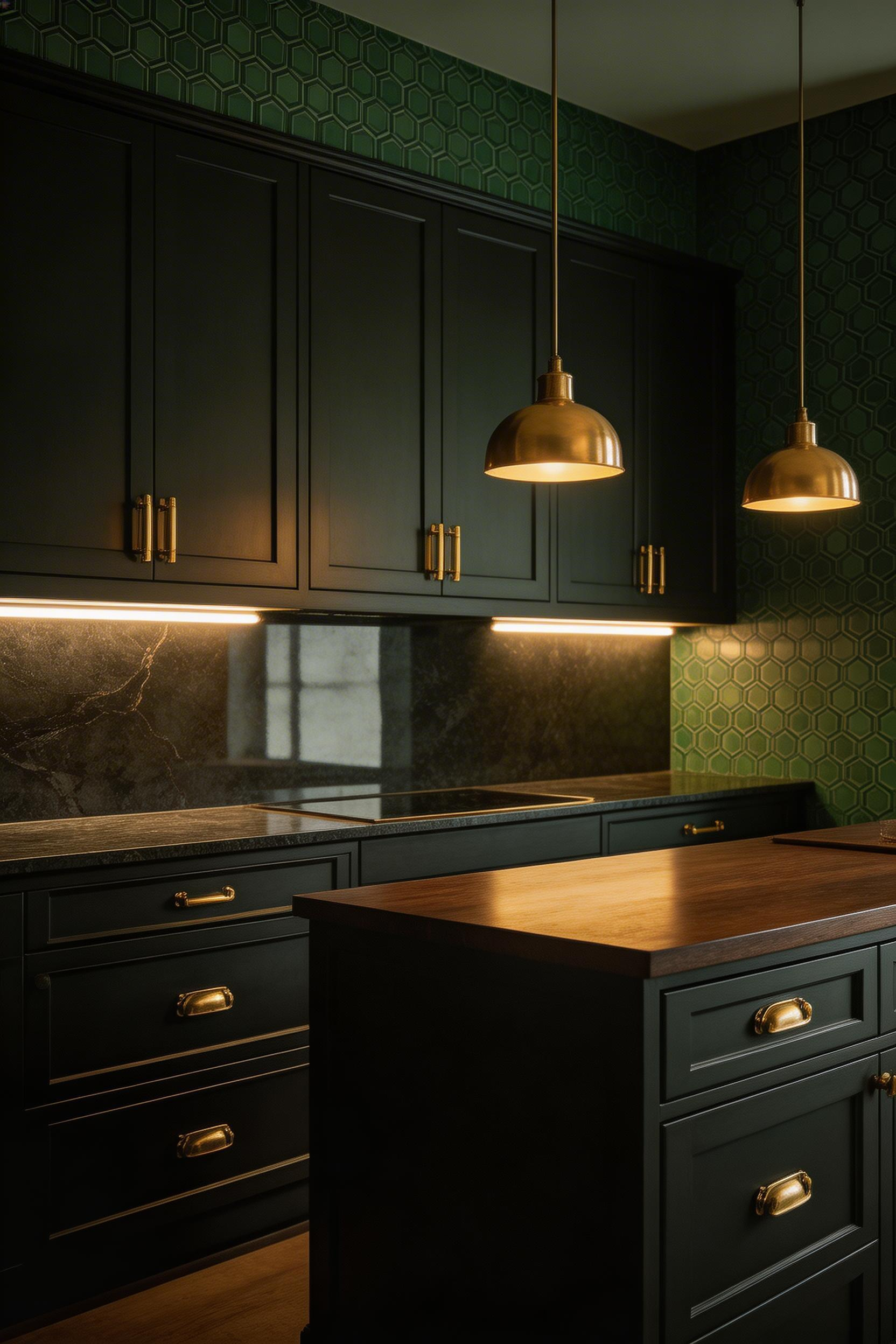 Dark moody forest green kitchen wallpaper with warm pendant lighting, with natural light and editorial styling.