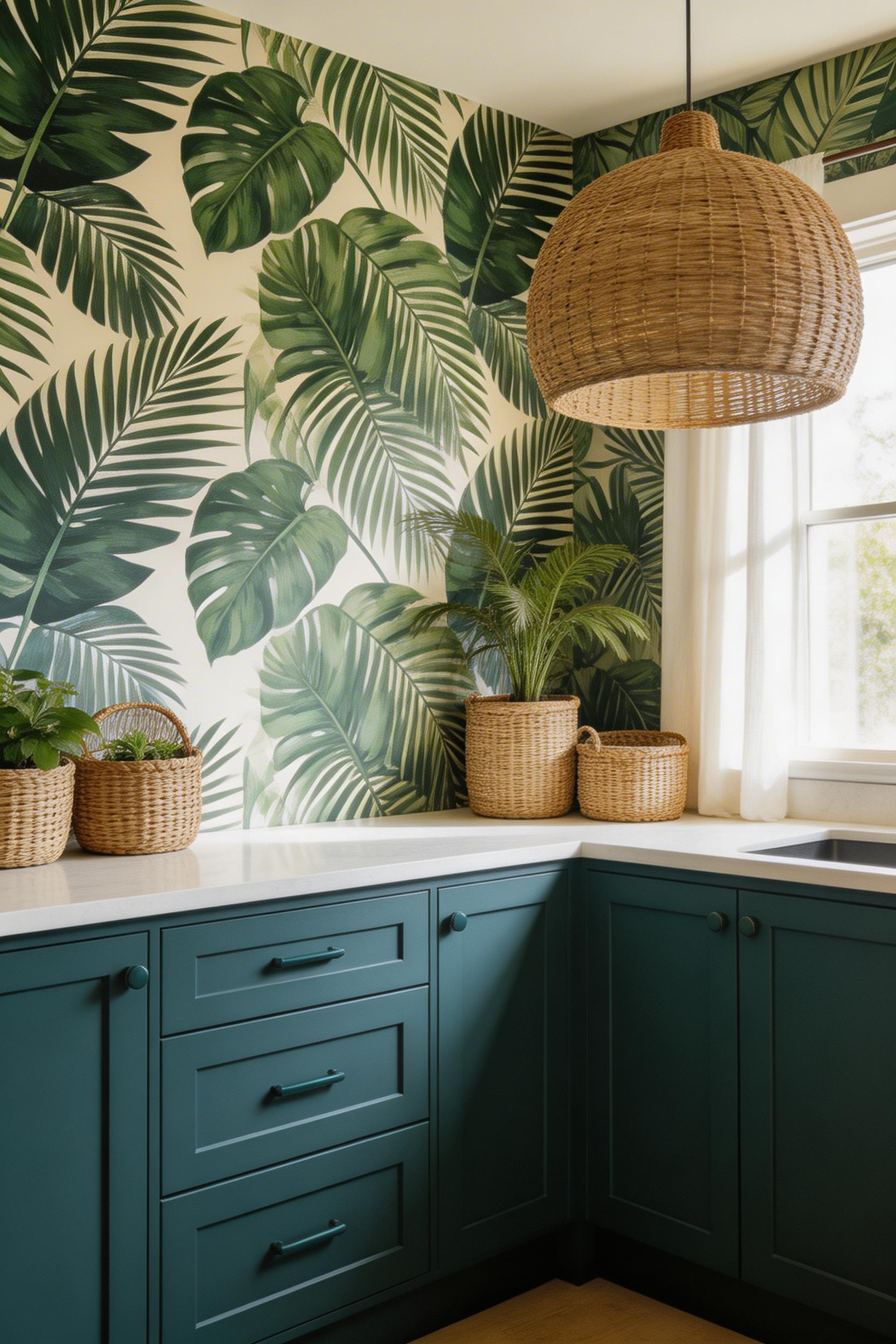 Maximalist tropical leaf kitchen wallpaper with dark cabinets and rattan accents, with natural light and editorial styling.