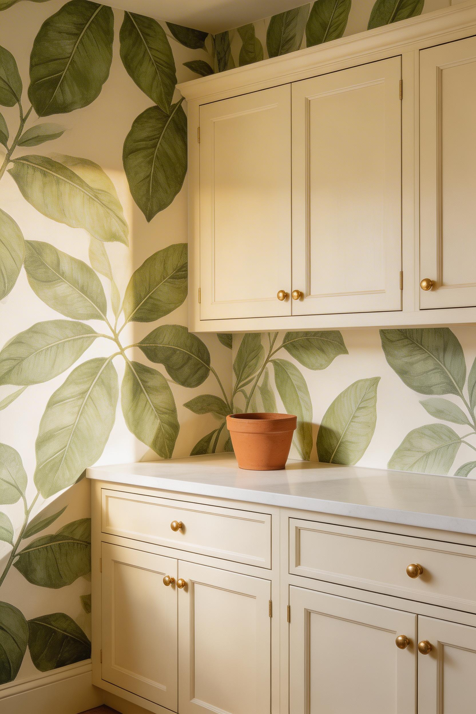 Bold botanical kitchen wallpaper with cream cabinets and brass hardware, with natural light and editorial styling.