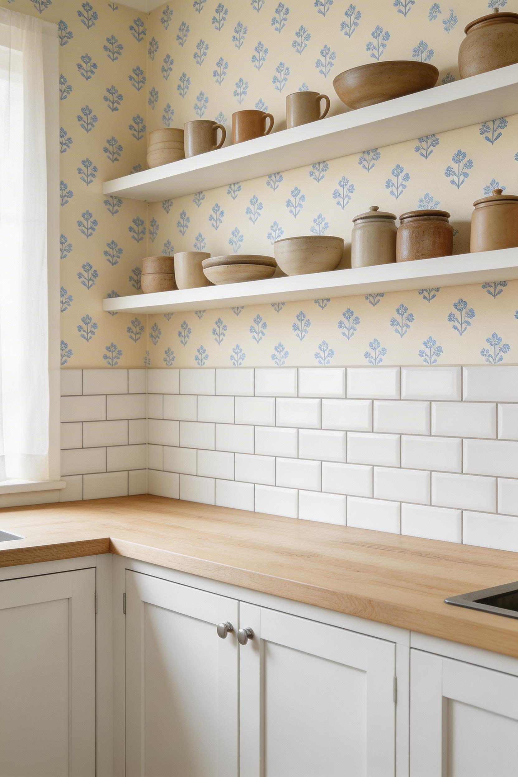 Scandi folk-motif kitchen wallpaper with white shaker cabinets and birch worktops, with natural light and editorial styling.