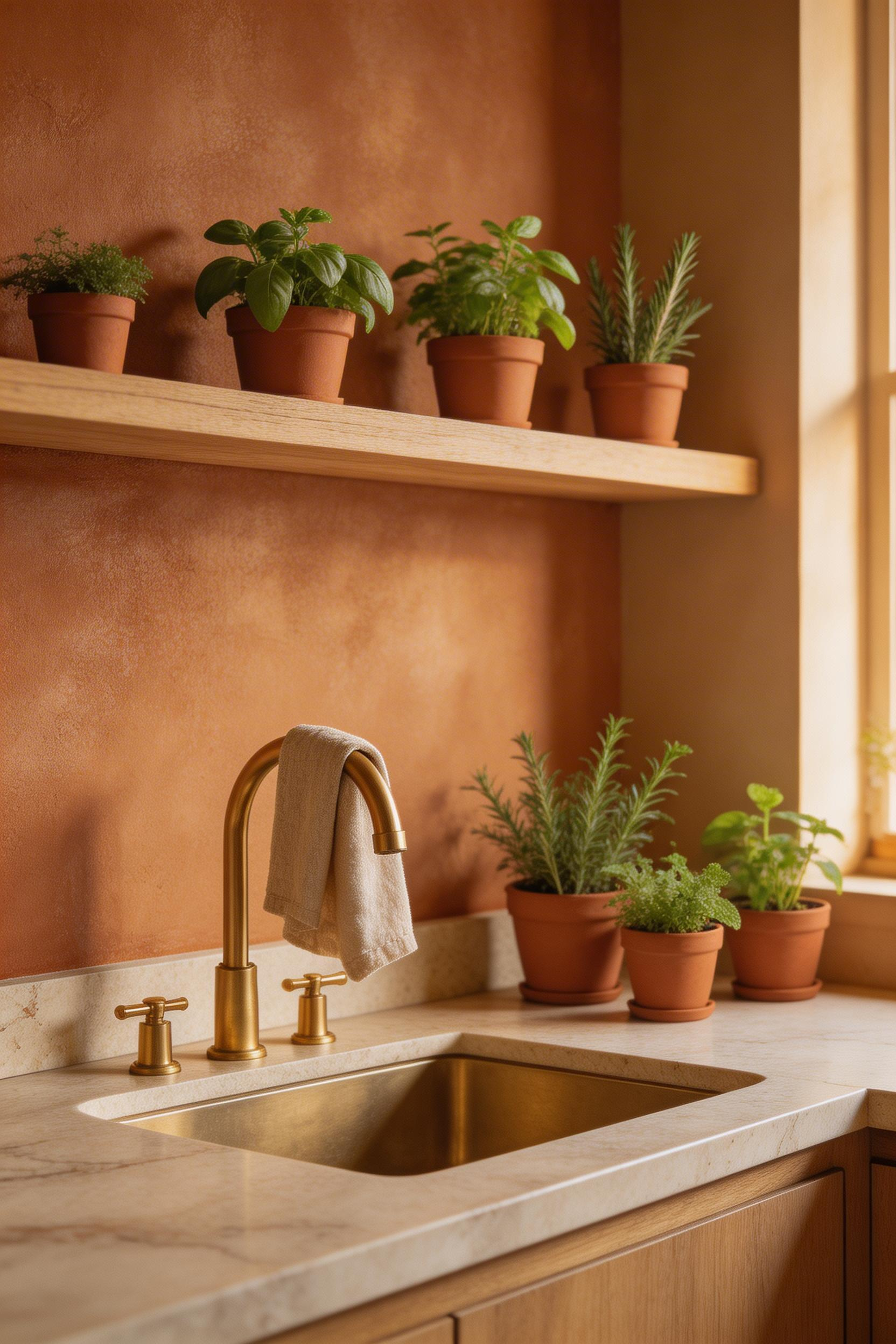 Terracotta earth-tone kitchen wallpaper with wood and brass accents, with natural light and editorial styling.