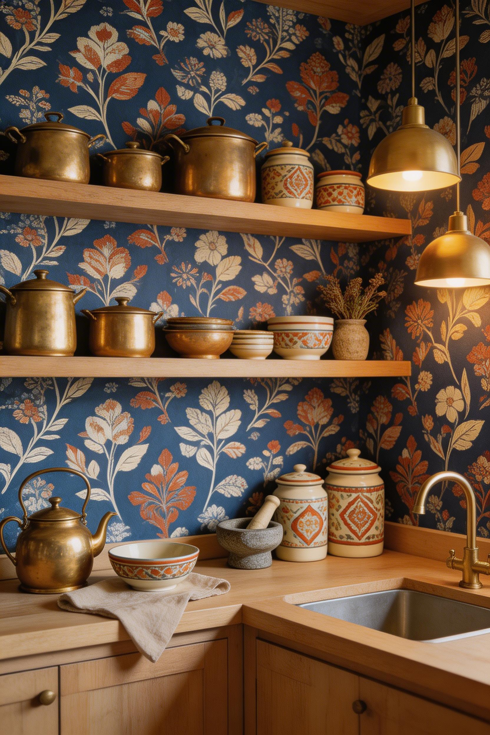 Hand-blocked indian artisan print kitchen wallpaper with brass and wood accents, with natural light and editorial styling.