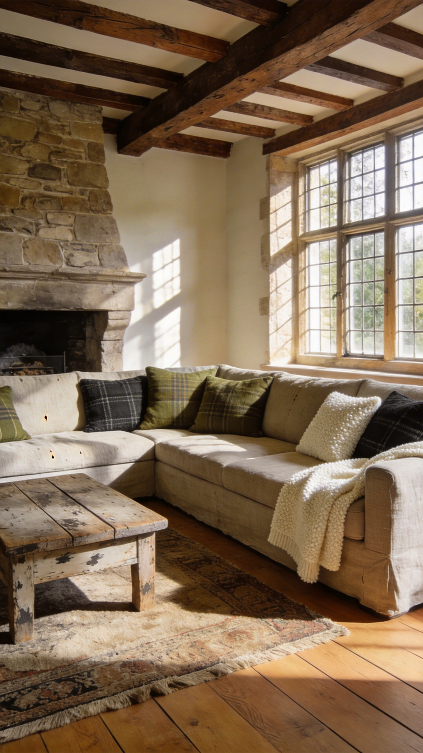 A bright rustic living room featuring a raw linen sofa layered with heritage tweed cushions and a modern bouclé throw blanket.
