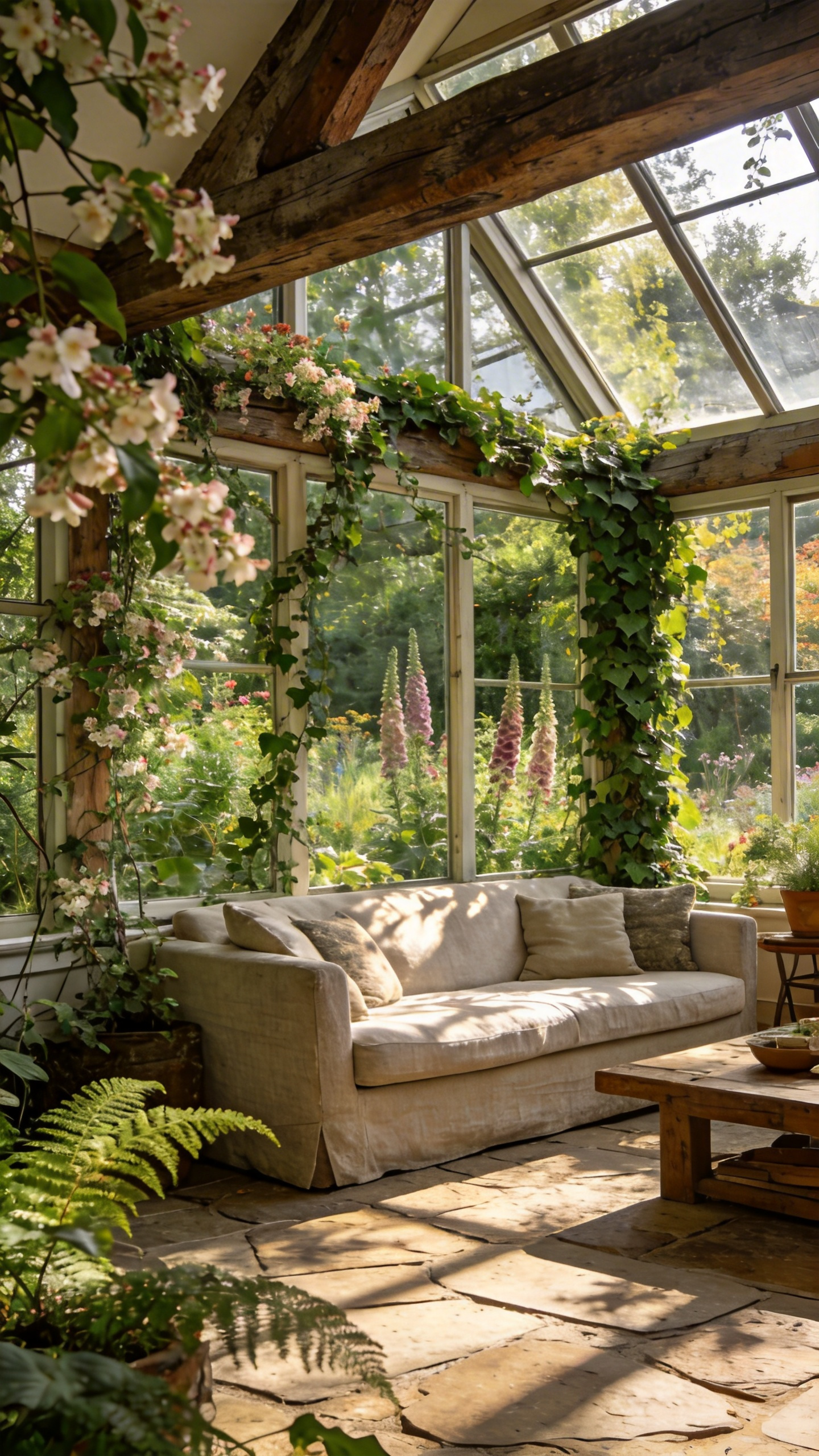 A rustic living room conservatory with glass walls covered in climbing vines overlooking a lush wild British garden.