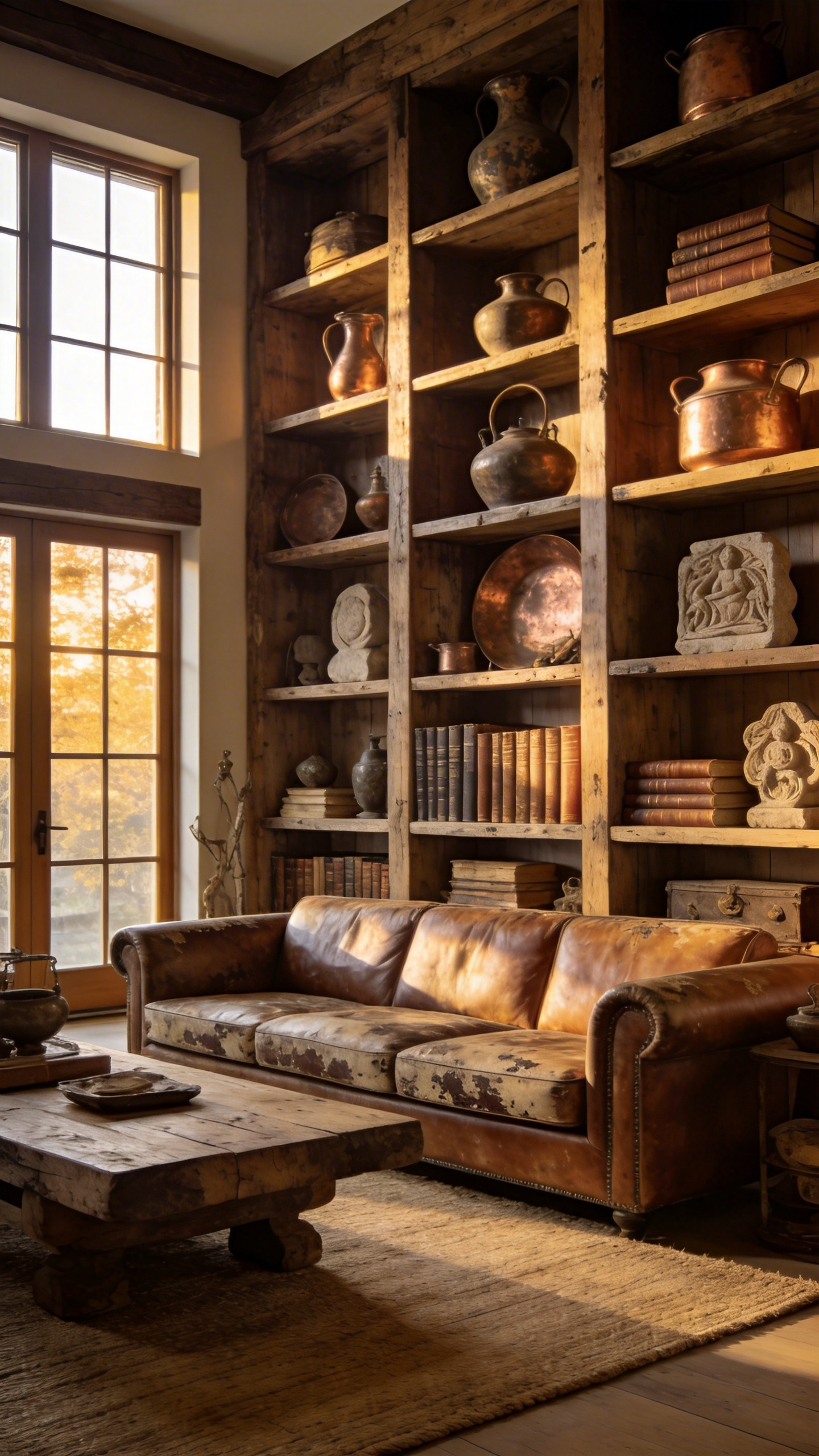 A rustic living room featuring built-in wooden shelves filled with antique copper pots and weathered collectibles in a warm, sunlit interior.