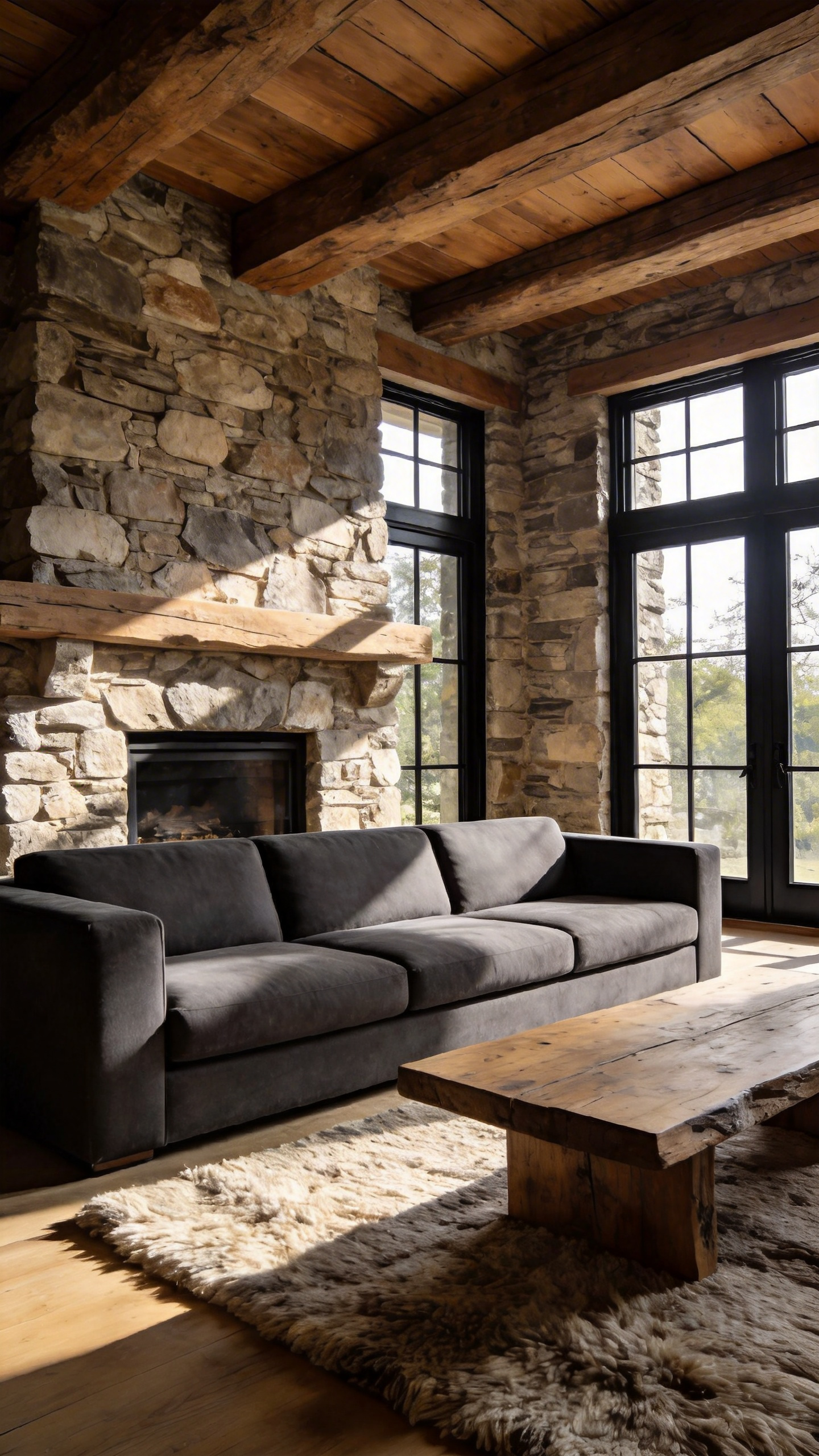 A luxurious rustic living room featuring a deep-seated tailored sofa positioned in front of a stone fireplace and reclaimed wood beams.