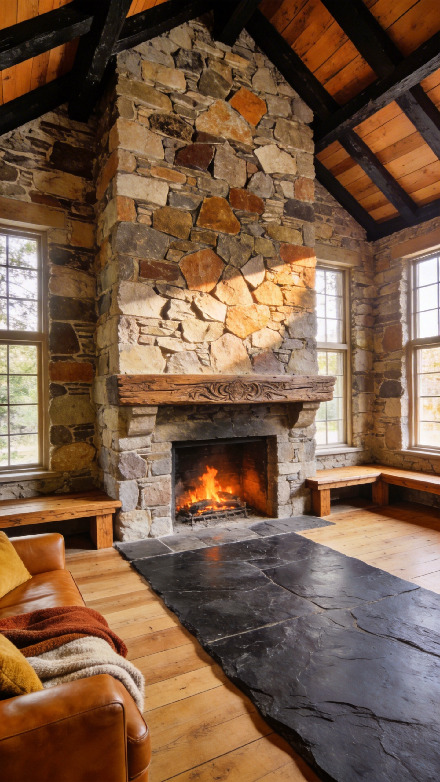 A grand rustic living room featuring a floor-to-ceiling stacked stone fireplace with a recessed inglenook and timber ceiling beams.