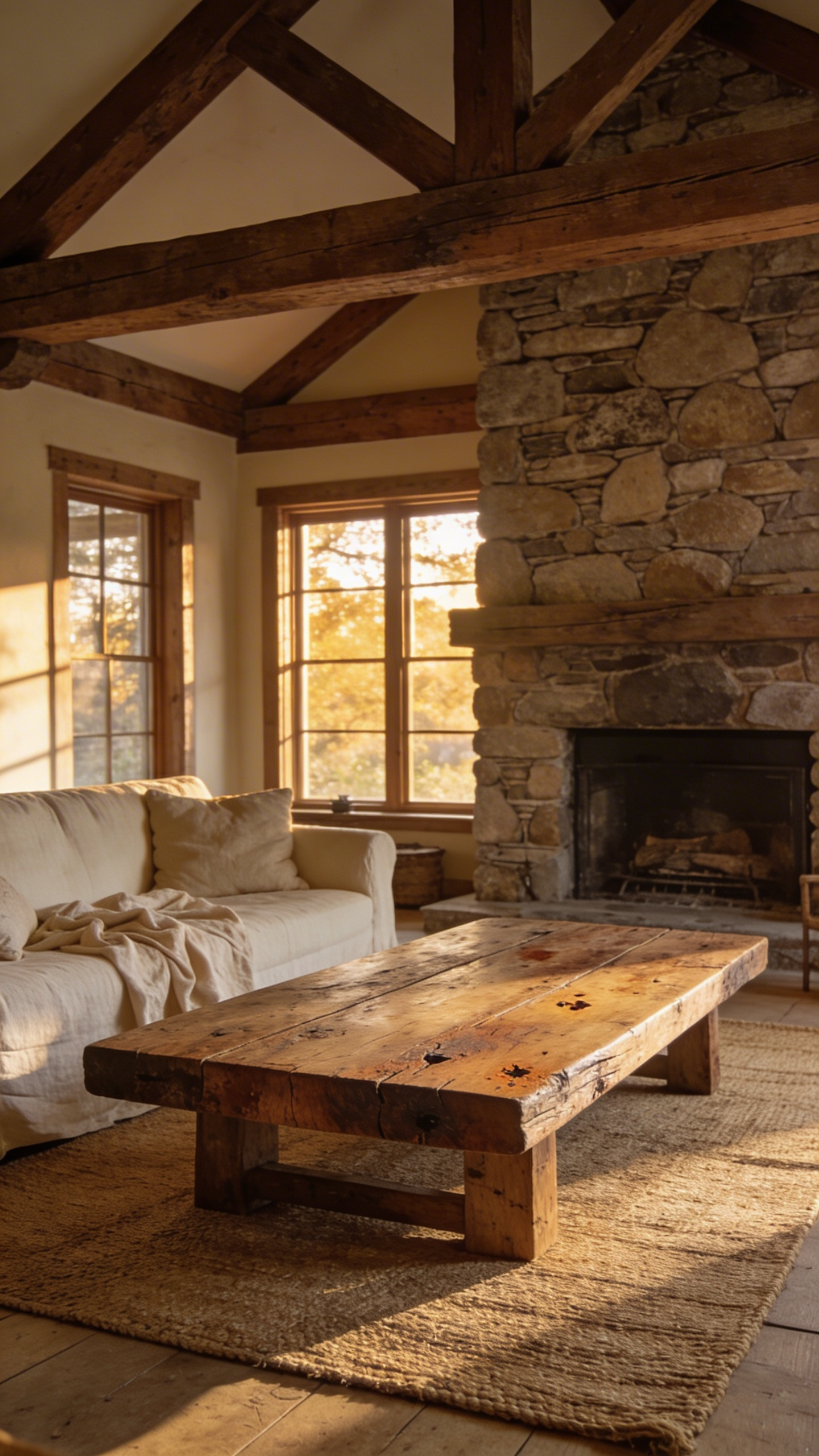 A sunlit rustic living room featuring a reclaimed oak coffee table and stone fireplace designed with a cozy lived-in aesthetic.