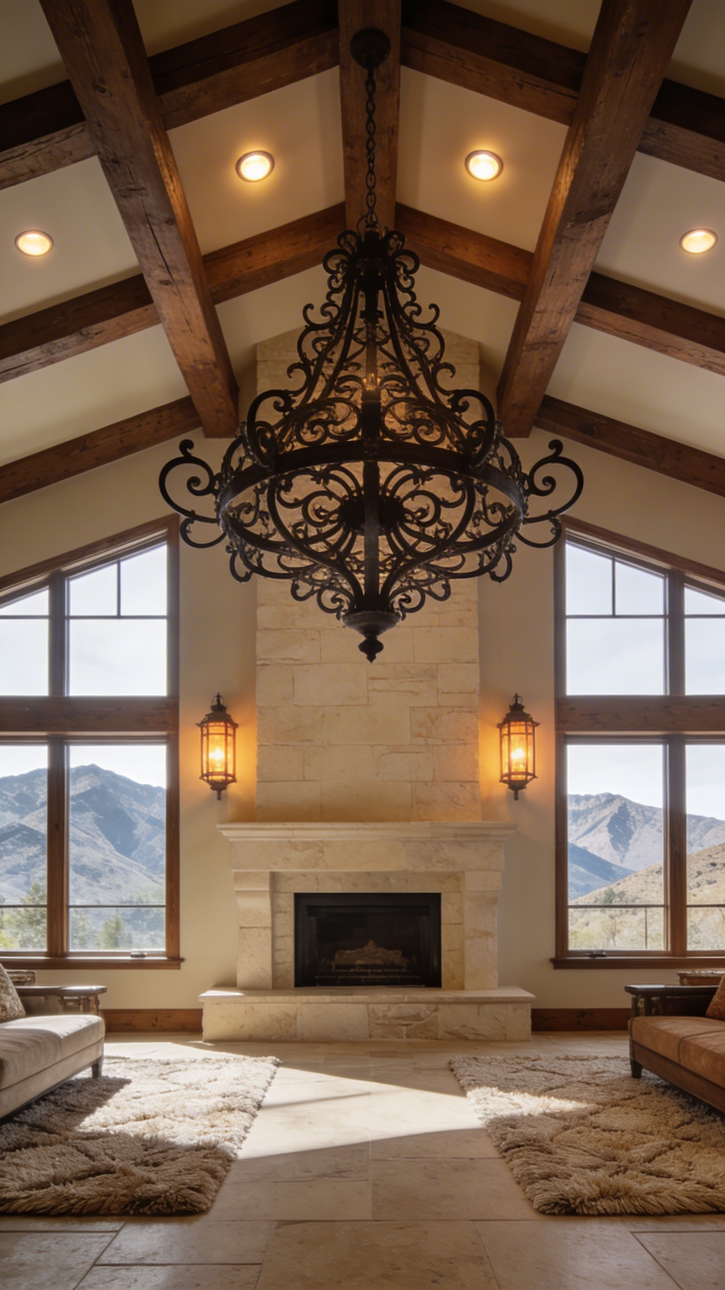 Luxury rustic living room with balanced ambient lighting and a prominent wrought-iron chandelier hanging from exposed wood beams.