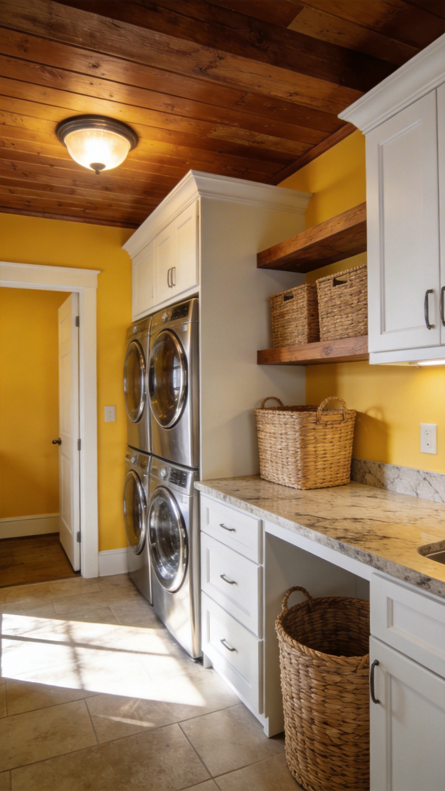 A modern basement laundry room with scullery yellow walls and white cabinetry designed to look like a sunlit space.