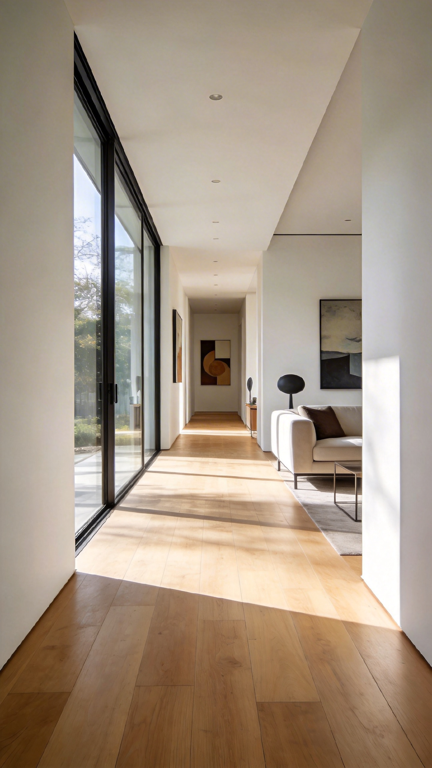 A modern living room with light oak hardwood flooring that flows seamlessly into an adjacent hallway without thresholds under bright natural light.