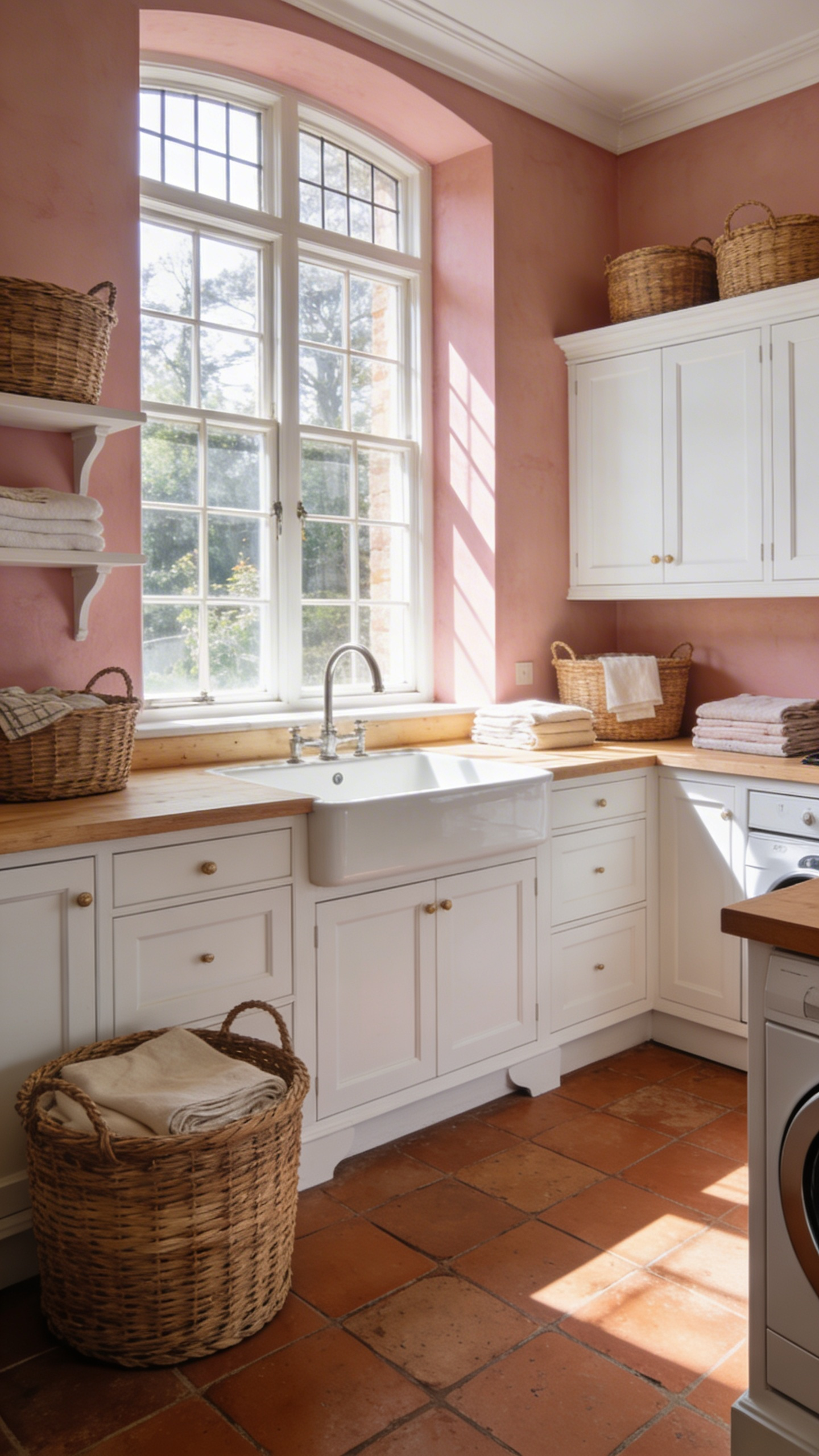 A bright, high-end laundry room with earthy pink walls in Setting Plaster, traditional white cabinetry, and natural sunlight.