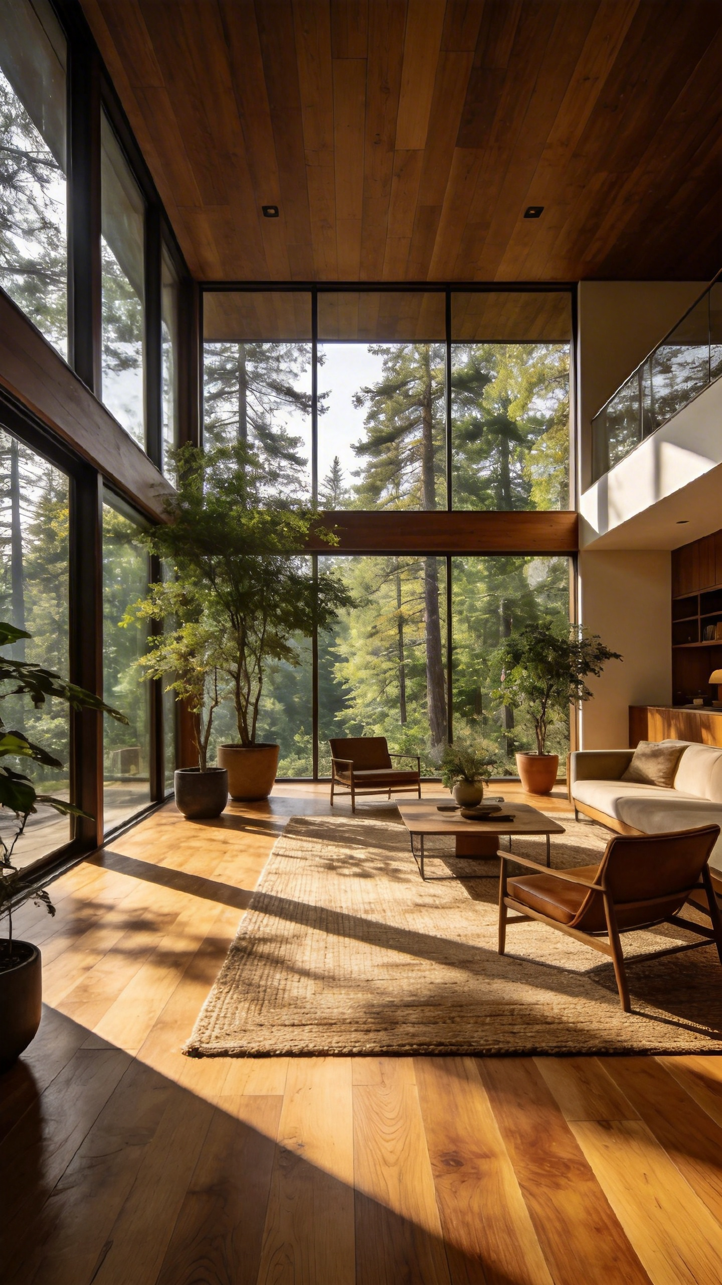 A modern living room featuring sustainable FSC-certified wide-plank wood flooring and large windows overlooking a lush forest.