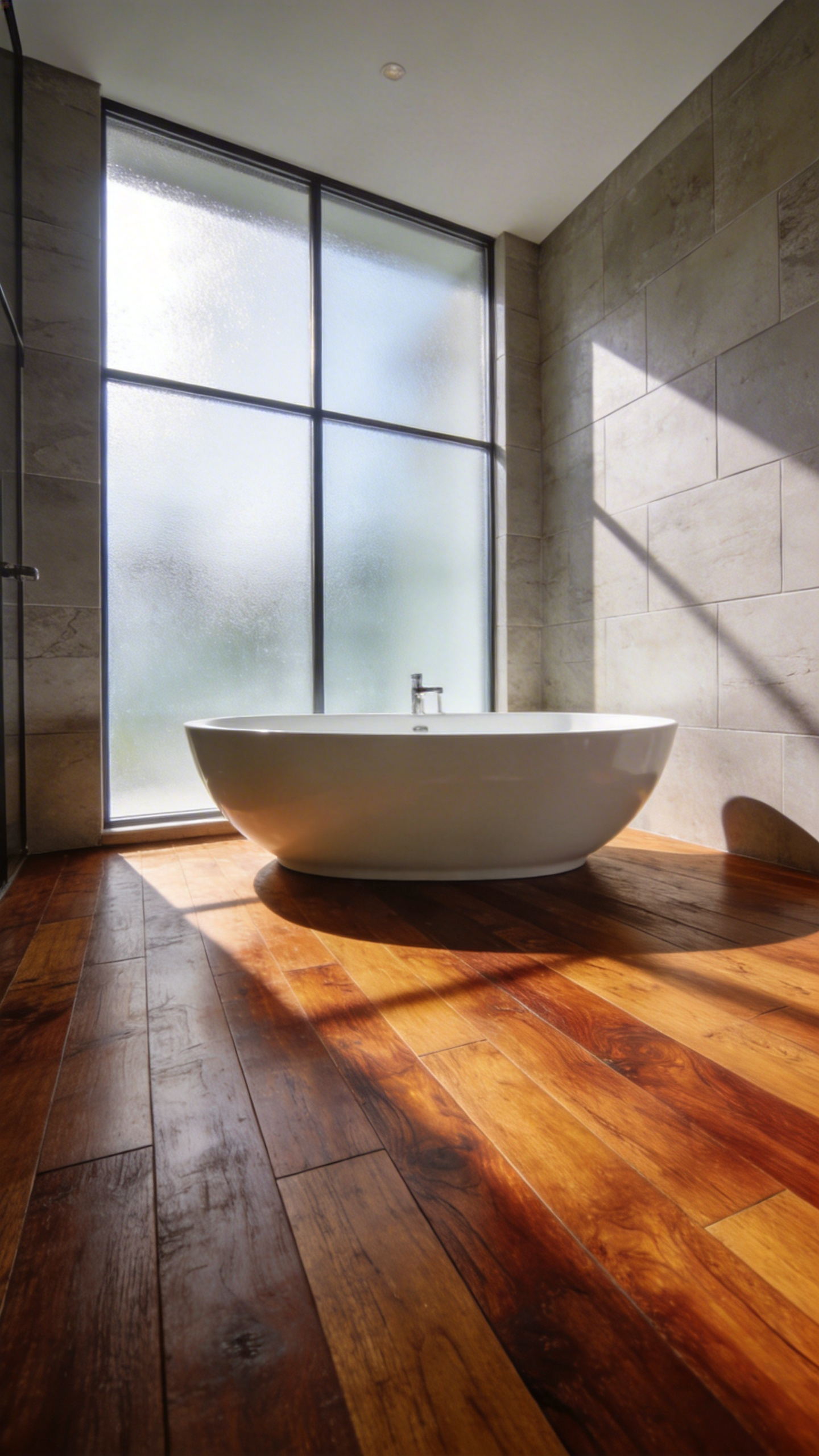 A high-end bathroom design featuring dark thermally modified European Oak flooring and a modern white freestanding bathtub under soft natural light.
