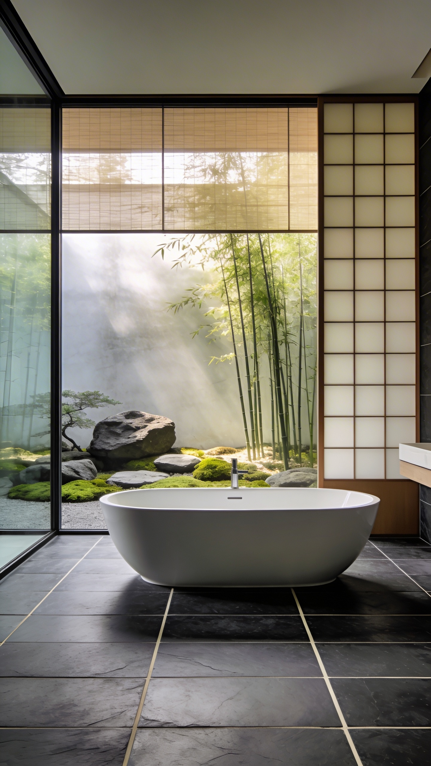 A minimalist luxury bathroom with large charcoal stone floor tiles and a white soaking tub facing a private Japanese garden.