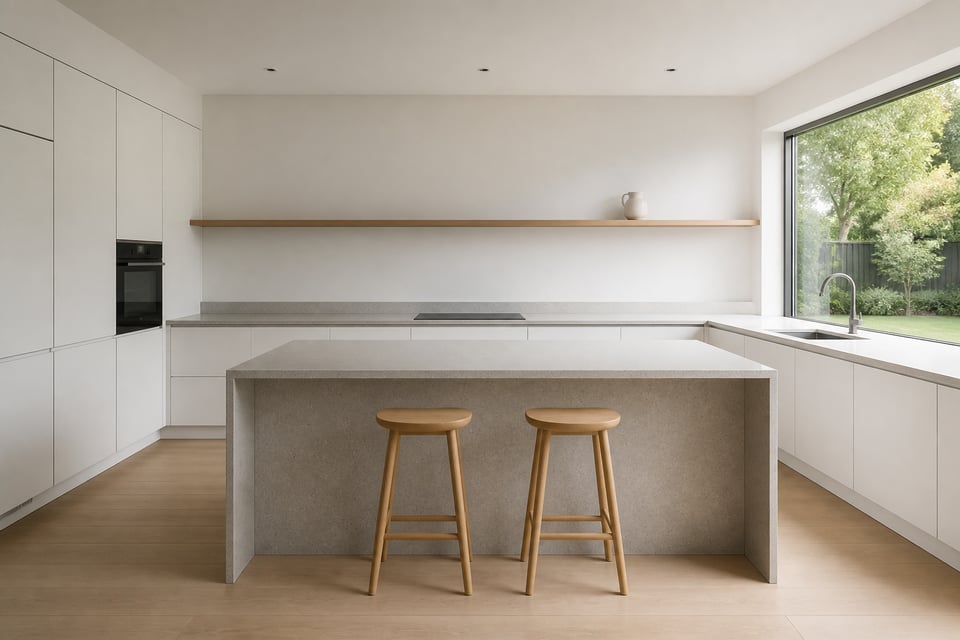 A complete minimalistic kitchen in warm white and grey — handleless, bare-surfaced, natural-light-filled — where every decision has been made to create a room that asks nothing of you except that you be in it.