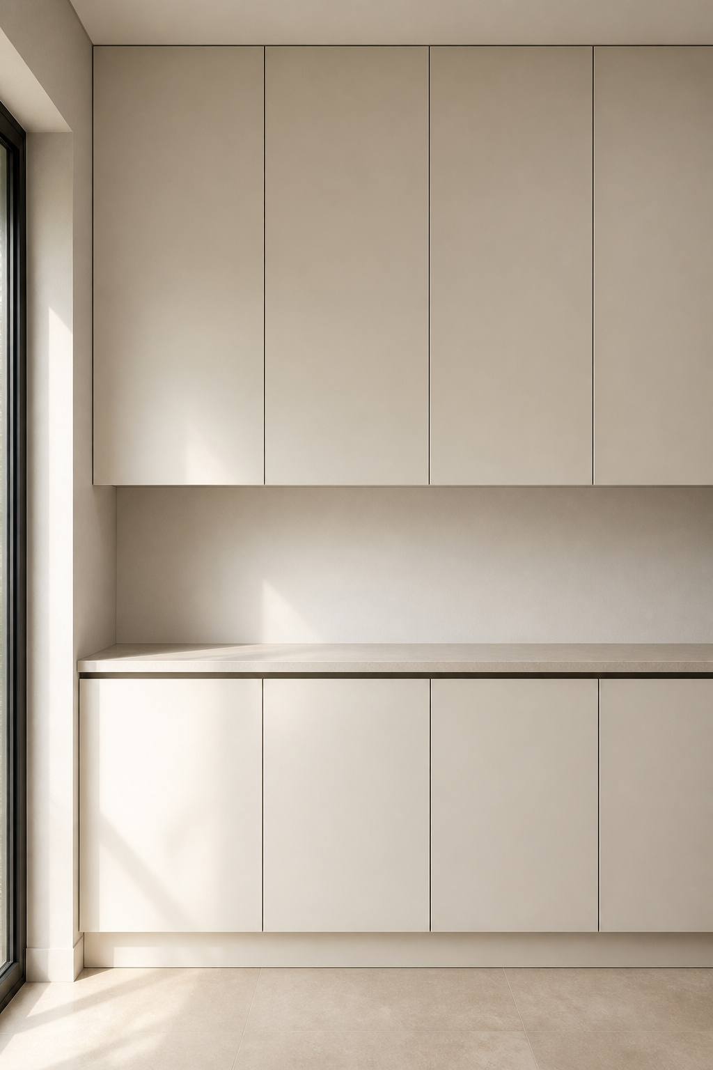 A handleless kitchen cabinet run in matte warm white lacquer — no hardware, no interruption, just surface and light.
