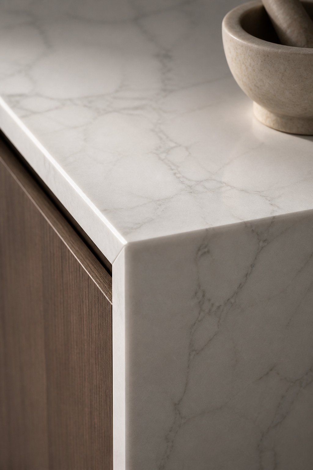 A honed Calacatta quartz worktop with waterfall edge — the stone's faint veining is the only pattern in a kitchen designed around its absence.
