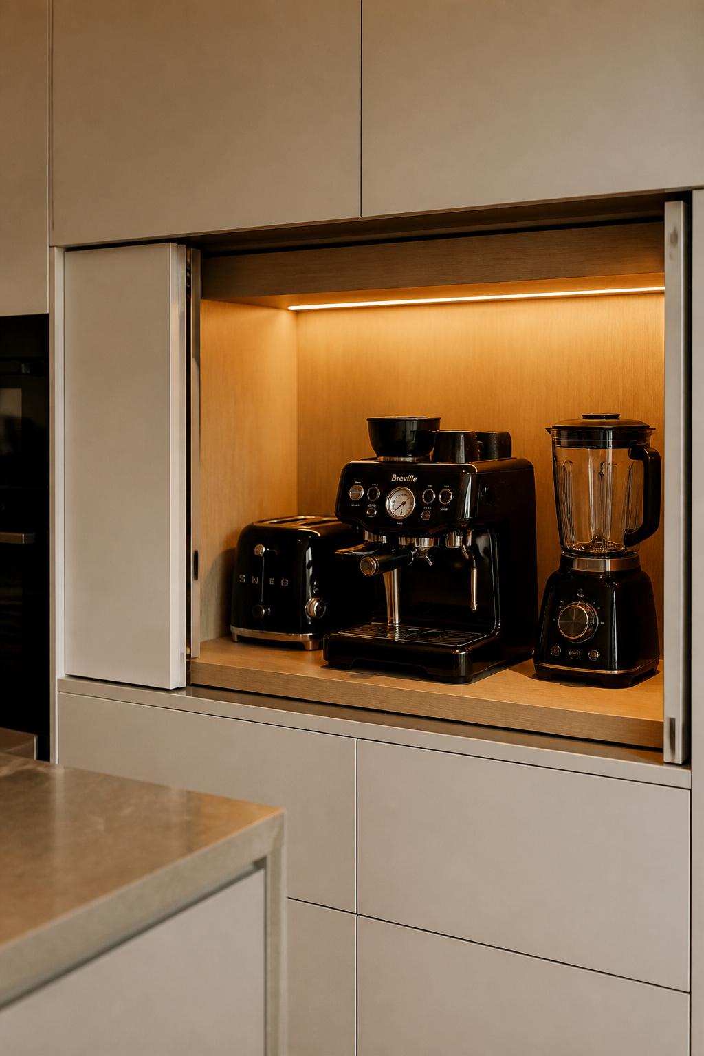 The Blum REVEGO pocket door system in action — the surrounding cabinetry reads as a flat plane when closed, a fully accessible garage when open.