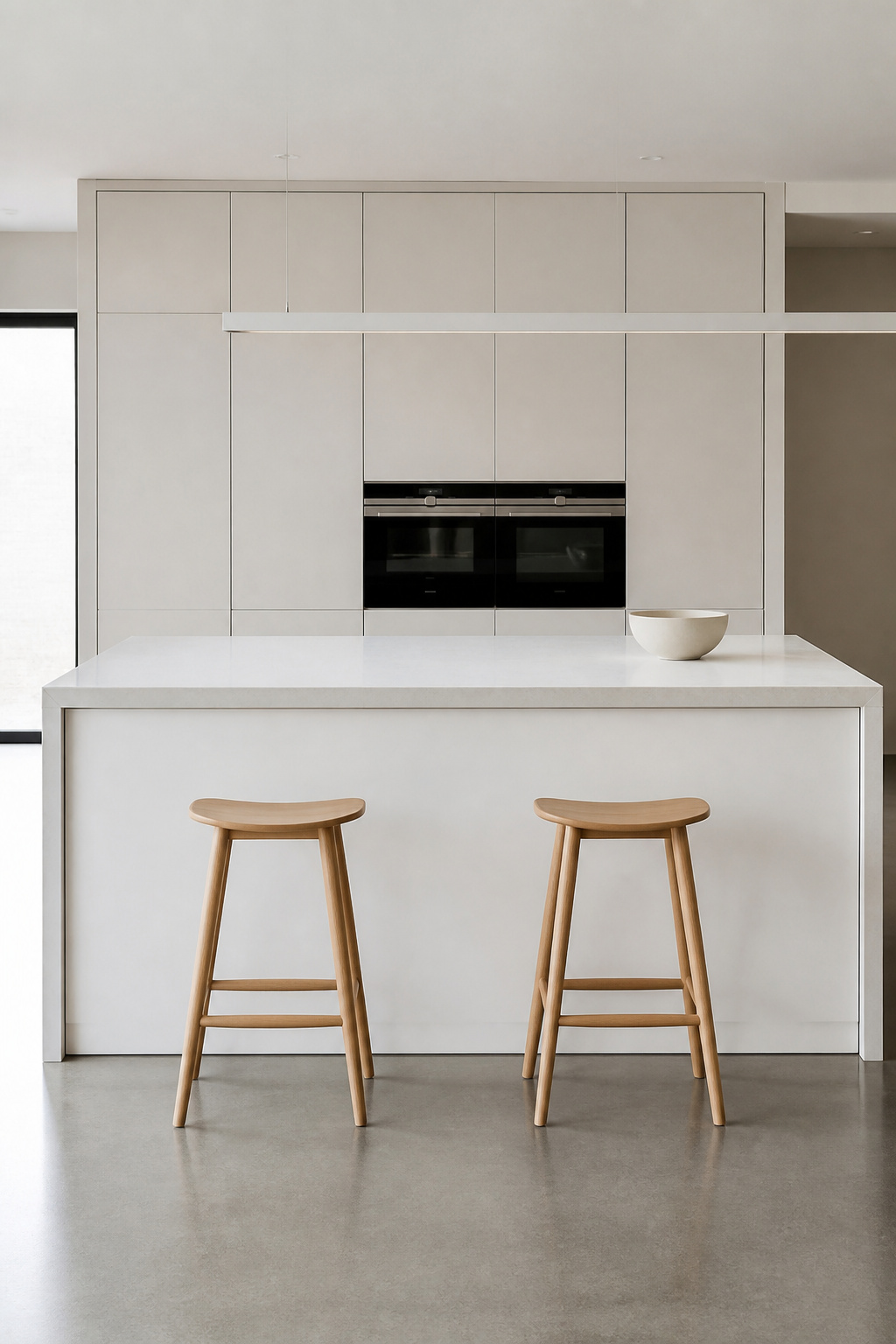 A kitchen island stripped to its purpose — flat faces, waterfall edge, two stools, nothing decorative — where function and proportion do all the work.