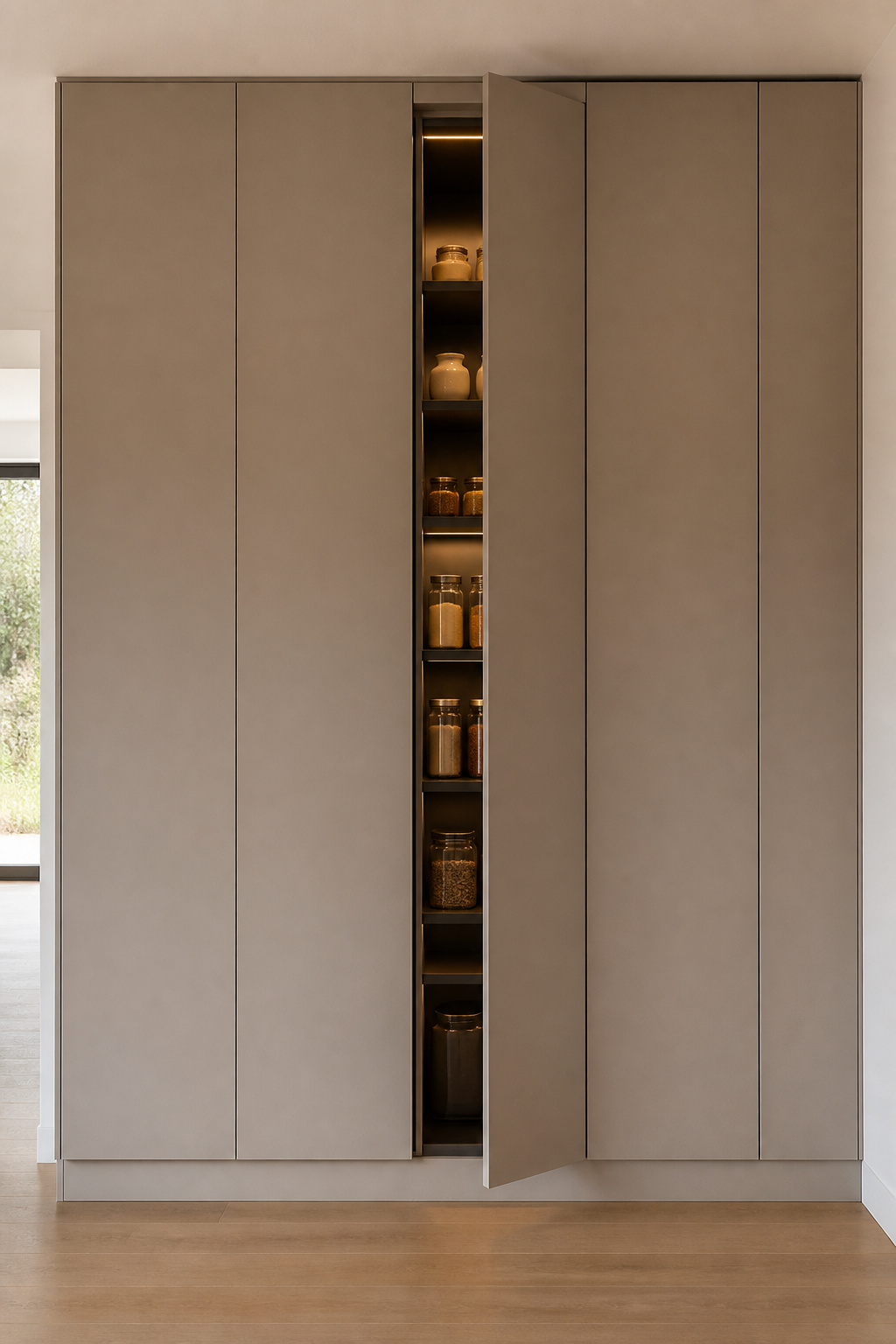 A full-height cabinet run in matte warm grey — one section barely ajar reveals a deep pantry behind it, indistinguishable from its neighbours when closed.