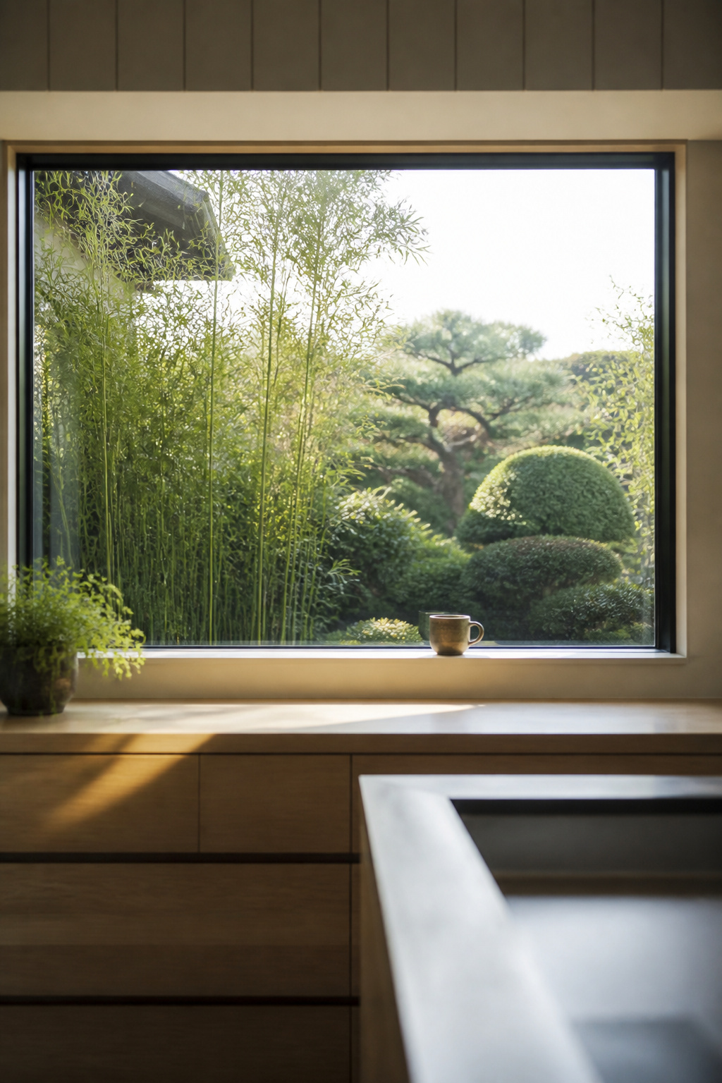 A kitchen window left completely bare — the garden it frames is the window treatment, the morning light it admits the room's primary design element.