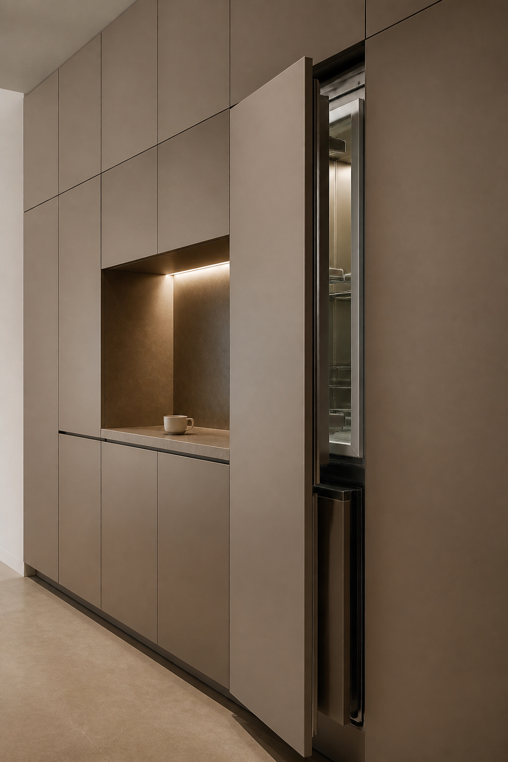 A full-height cabinet run where an integrated fridge opens to reveal itself — otherwise indistinguishable from the surrounding cabinetry.