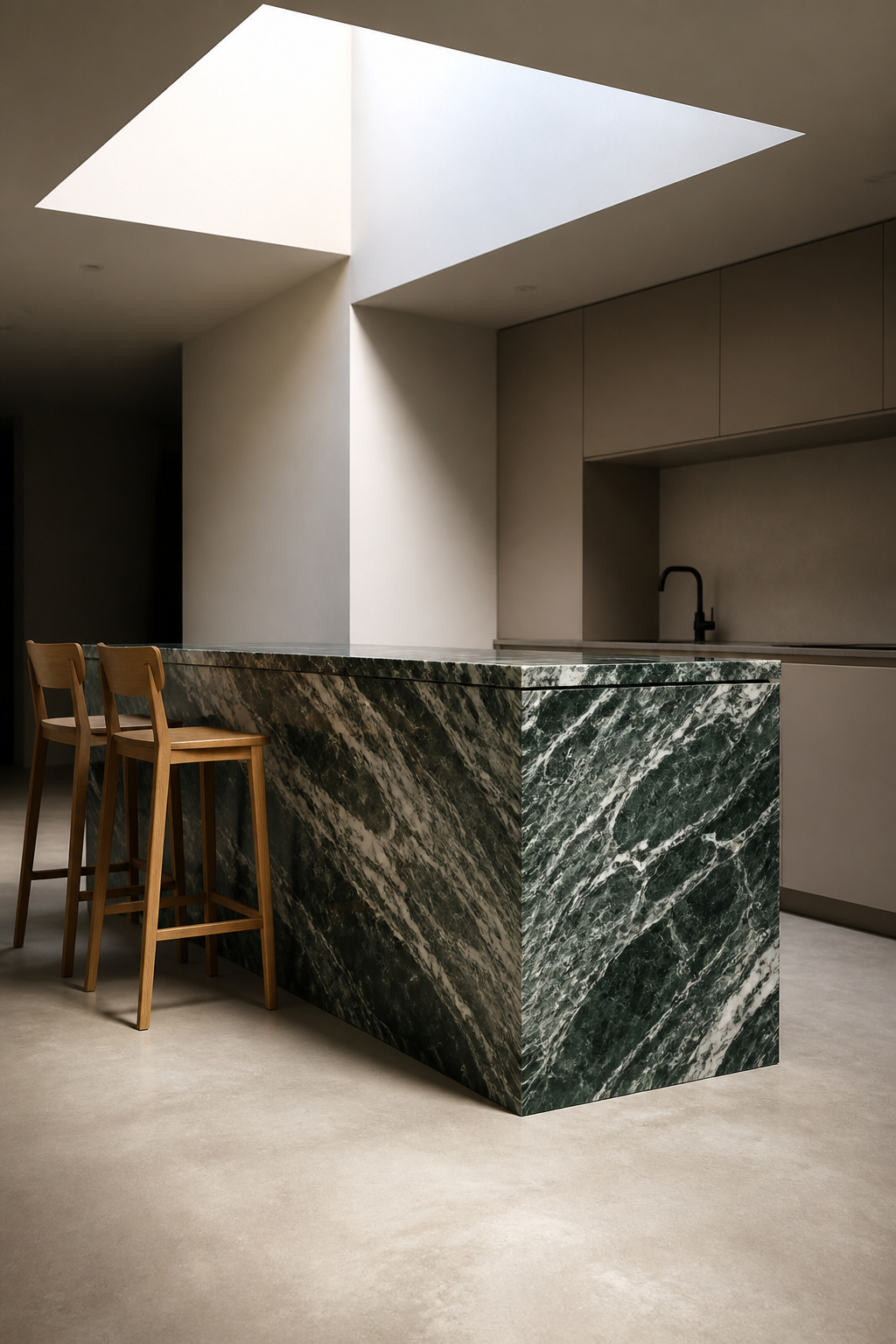 A book-matched Verde Alpi marble island face in a kitchen where everything else exists specifically to let the stone speak.