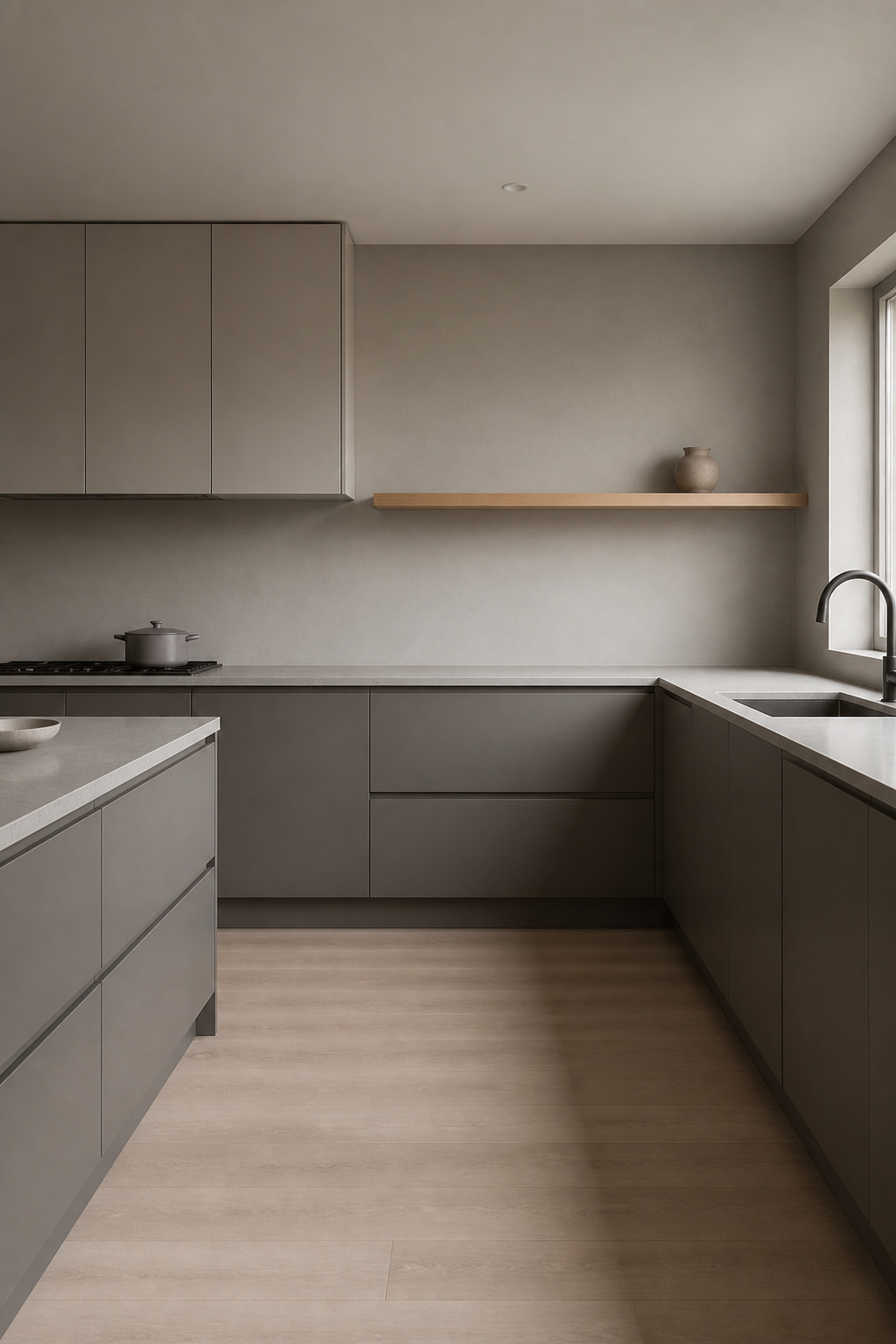 A complete kitchen in tonal warm grey — three shades of the same hue unified by light rather than divided by contrast.