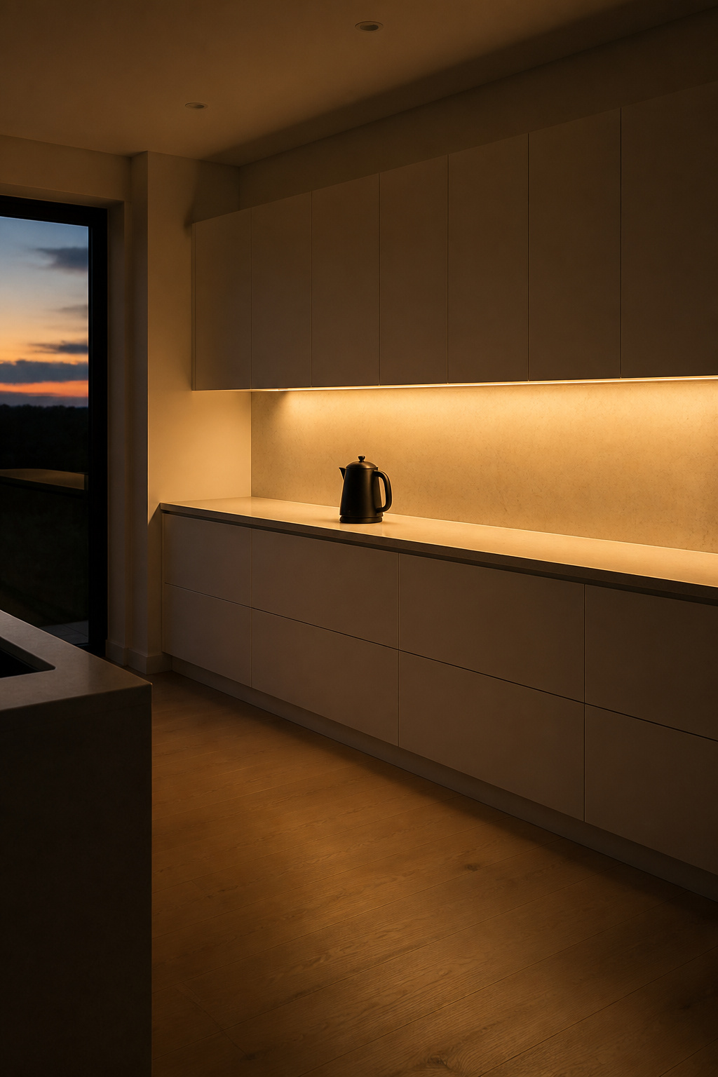 A kitchen at dusk lit only by under-cabinet LEDs — the cabinets appear to float above a surface that seems to generate its own light.