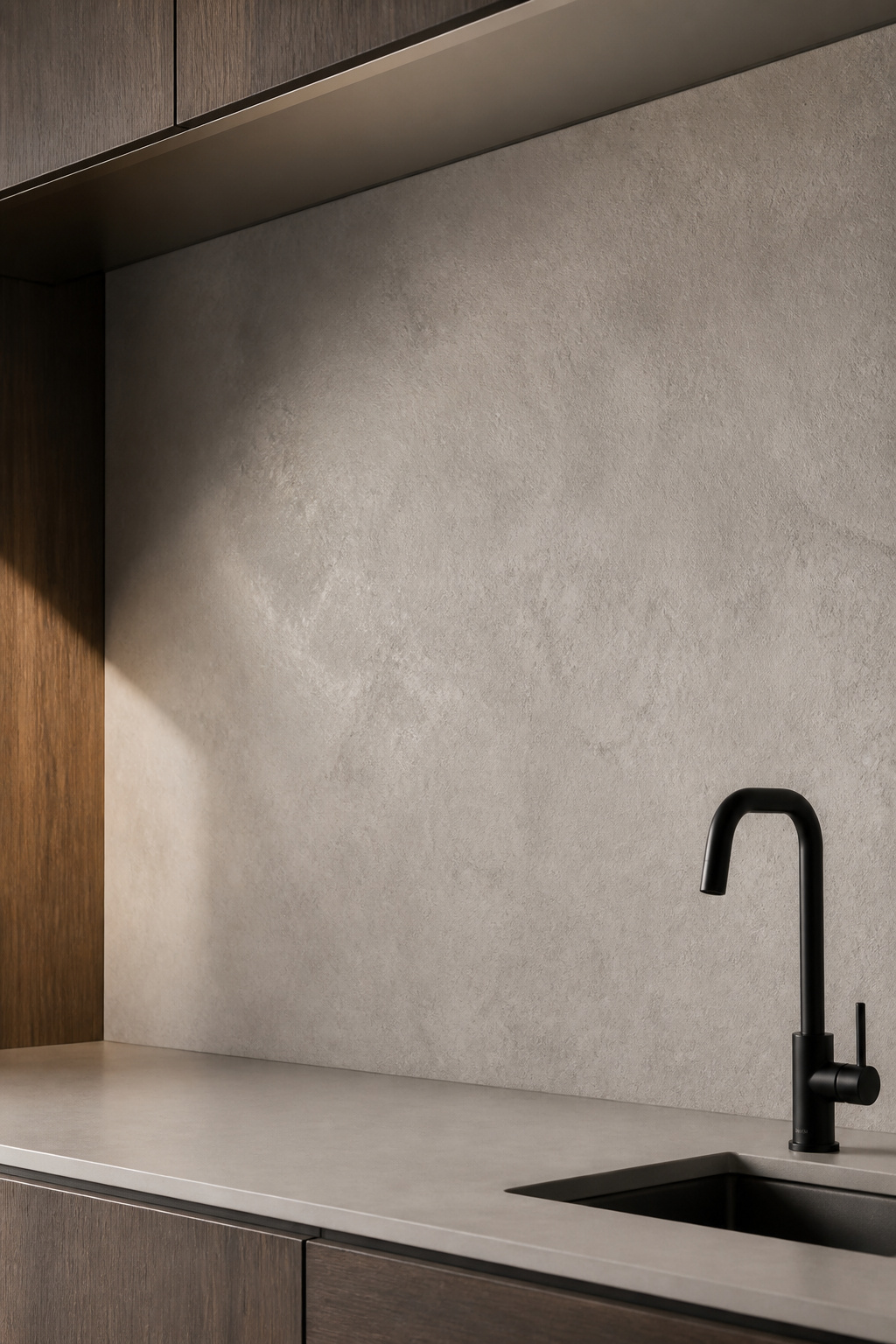 A Dekton backsplash that continues seamlessly from the worktop to the underside of the wall cabinets — the same material, the same plane, no visible join.