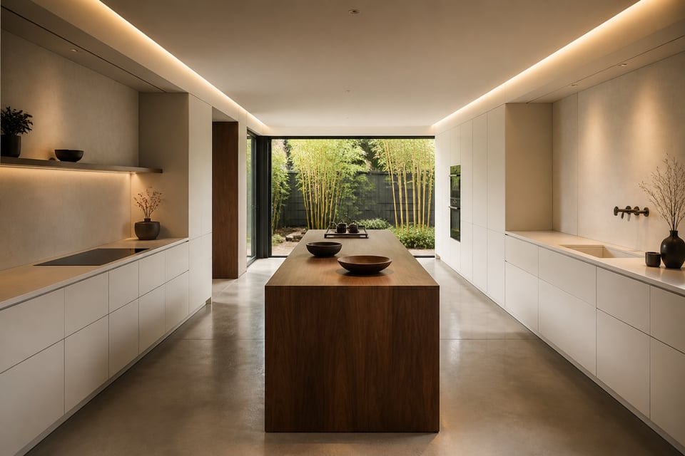 A serene minimalist kitchen grounded in Japanese design philosophy — every surface, material, and deliberate absence working together to create a sanctuary for daily ritual rather than simply a functional workspace.