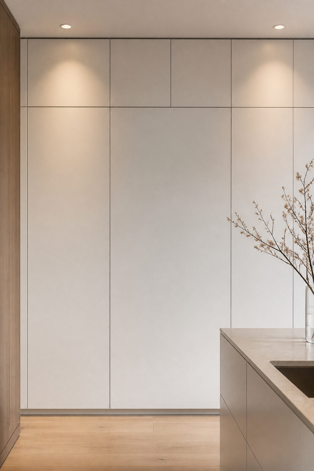 Panel-ready refrigerators disappear behind matching cabinetry fronts, transforming the kitchen's largest appliance into another quiet architectural surface — invisible by design.