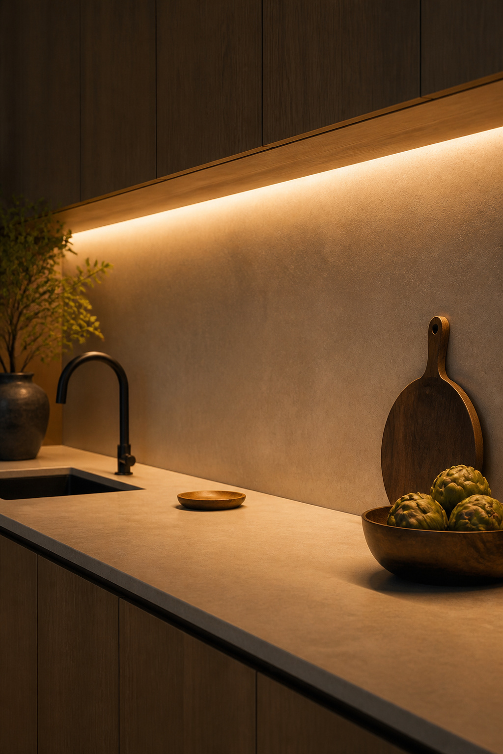 Under-cabinet LED strips positioned below the cabinetry line provide precise task illumination across the counter while remaining completely invisible from standing height — the light is felt before the source is found.