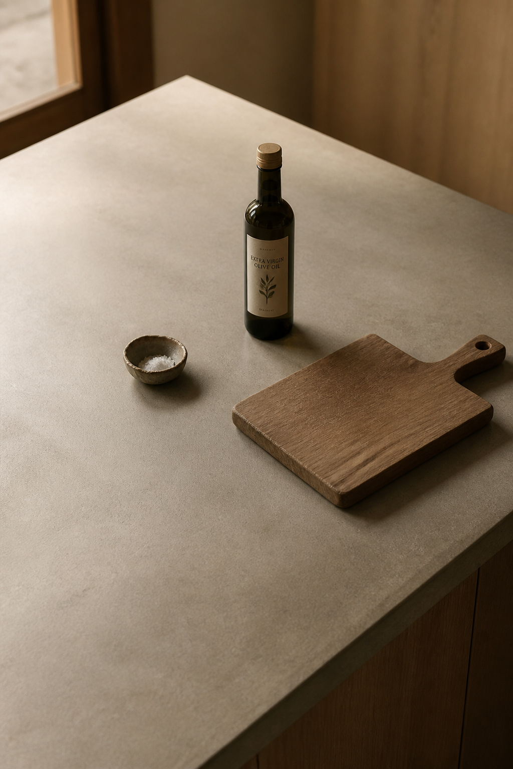 A counter holding only three deliberate objects — salt dish, oil bottle, cutting board — creates the visual quiet that a cluttered surface destroys: the kitchen's surfaces becoming space for presence rather than distraction.
