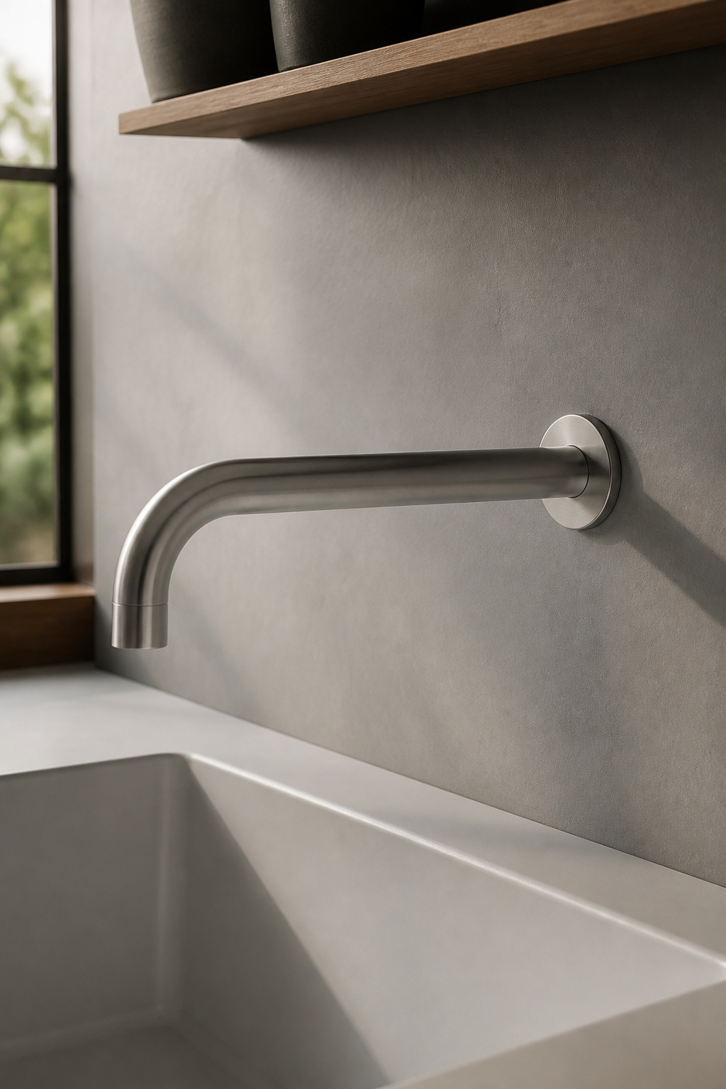 A Dornbracht wall-mounted faucet emerges from the backsplash as minimal sculpture — no deck hardware clutters the sink rim, the tap's clean line from wall to spout becoming the kitchen's purest design statement.