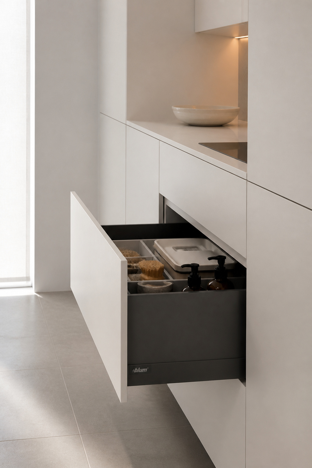 Handle-free cabinetry using a push-to-open system eliminates every visual interruption, creating a surface rhythm as calm as still water — pure minimalist kitchen design at its most resolved.