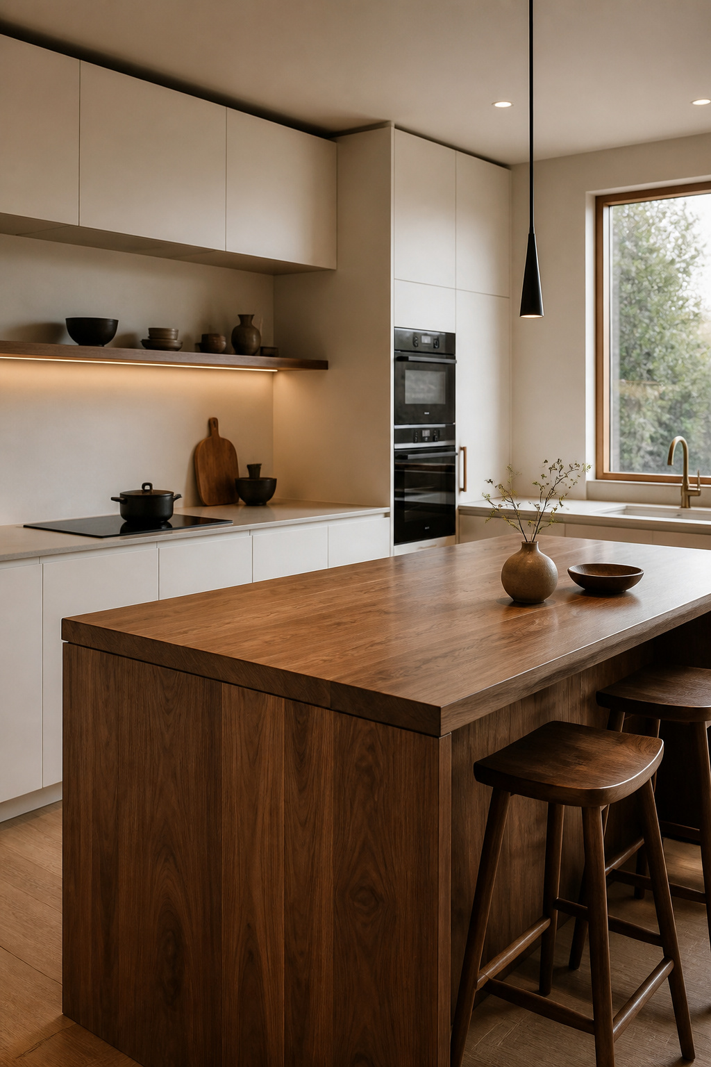 A single walnut island within a white minimalist kitchen changes the entire emotional temperature of the space — warm grain against cool surfaces providing the human connection that pure white minimalism can deny.