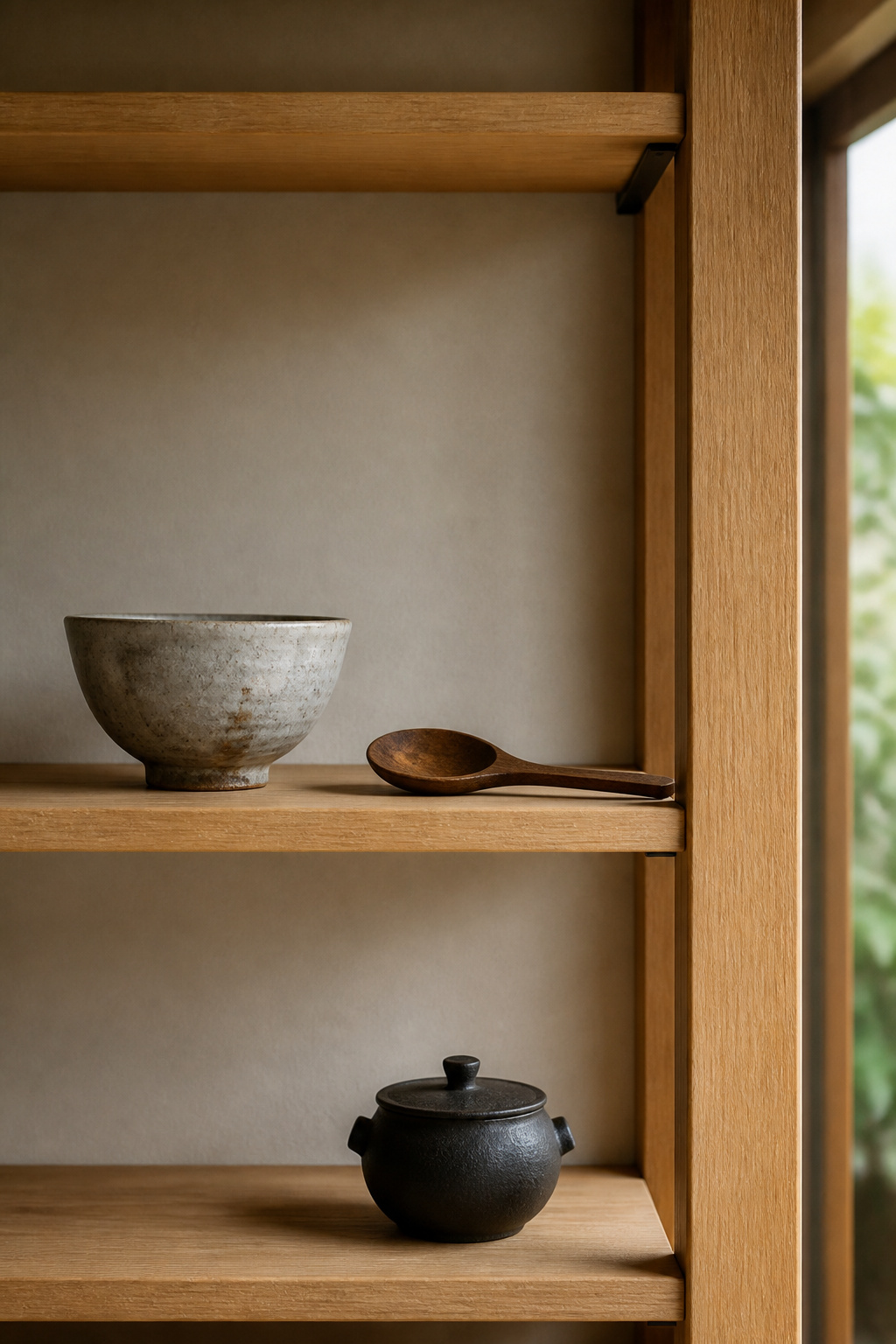Open shelving following the Japanese ma principle holds only what earns its place — the sixty percent of empty space creates breathing room that crowded shelves never allow.