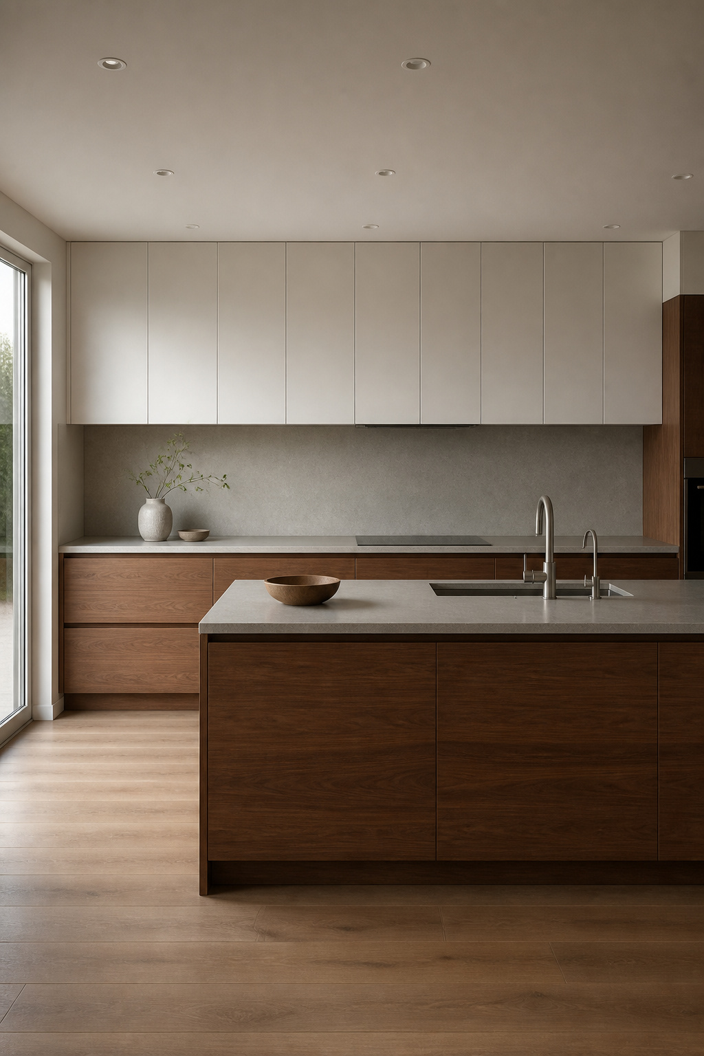The discipline of choosing exactly two tones — white cabinetry above, warm walnut below — creates a palette so resolved the eye finds rest rather than stimulation at every surface it meets.