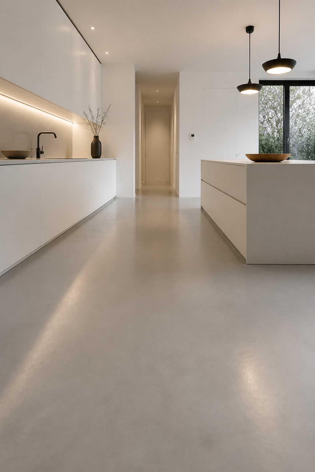 A poured resin floor with no grout line or seam creates one continuous plane from wall to wall — the eye travels the kitchen without catching on interruptions, the space reading as unified architectural territory.