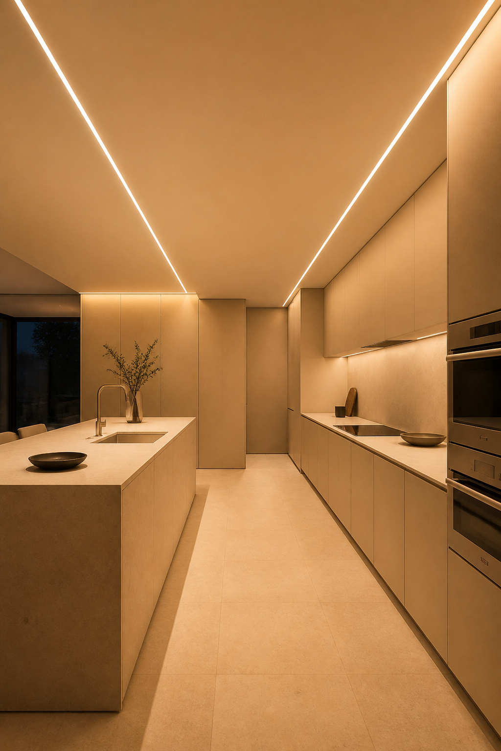 Linear recessed ceiling slots distribute light as invisible presence — you feel the illumination before you notice the source, the ceiling remaining a unified architectural surface unmarked by hardware.
