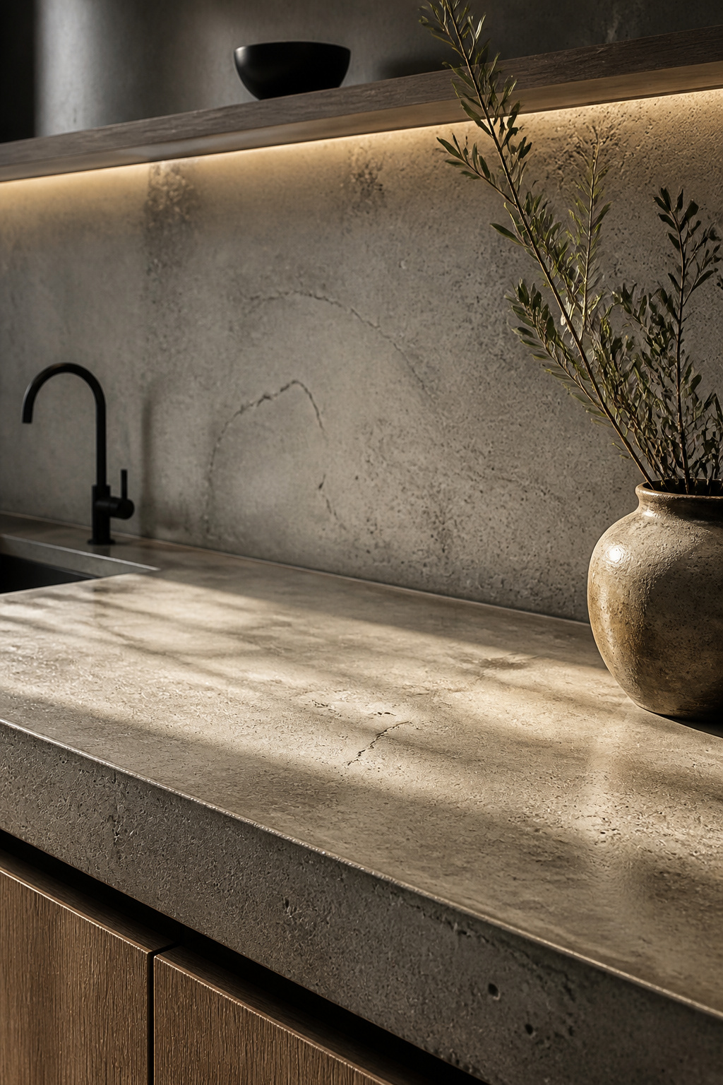 Polished concrete surfaces reveal mineral character and subtle variation that deepens over time — the visible imperfections embody wabi-sabi, finding beauty precisely where perfection would be absent.