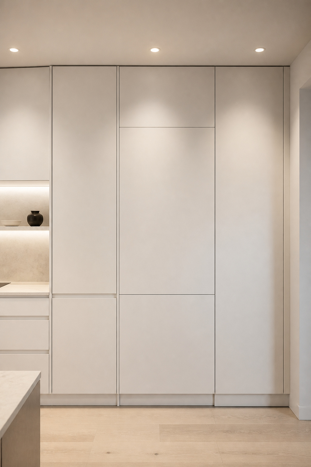A Miele panel-ready refrigerator behind a matching cabinet door disappears so completely that the kitchen's largest appliance becomes invisible — its absence from the visual field the most powerful design statement it could make.