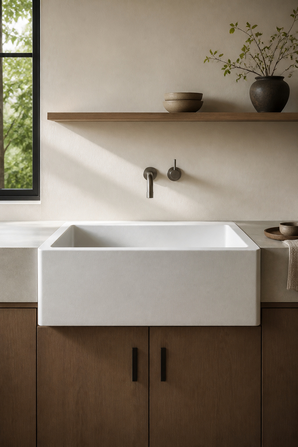 A single deep Shaws fireclay basin becomes the kitchen's one sculptural focal point — its clean rectangular form and wall-mounted tap creating a ritual washing space rather than a merely functional fixture.