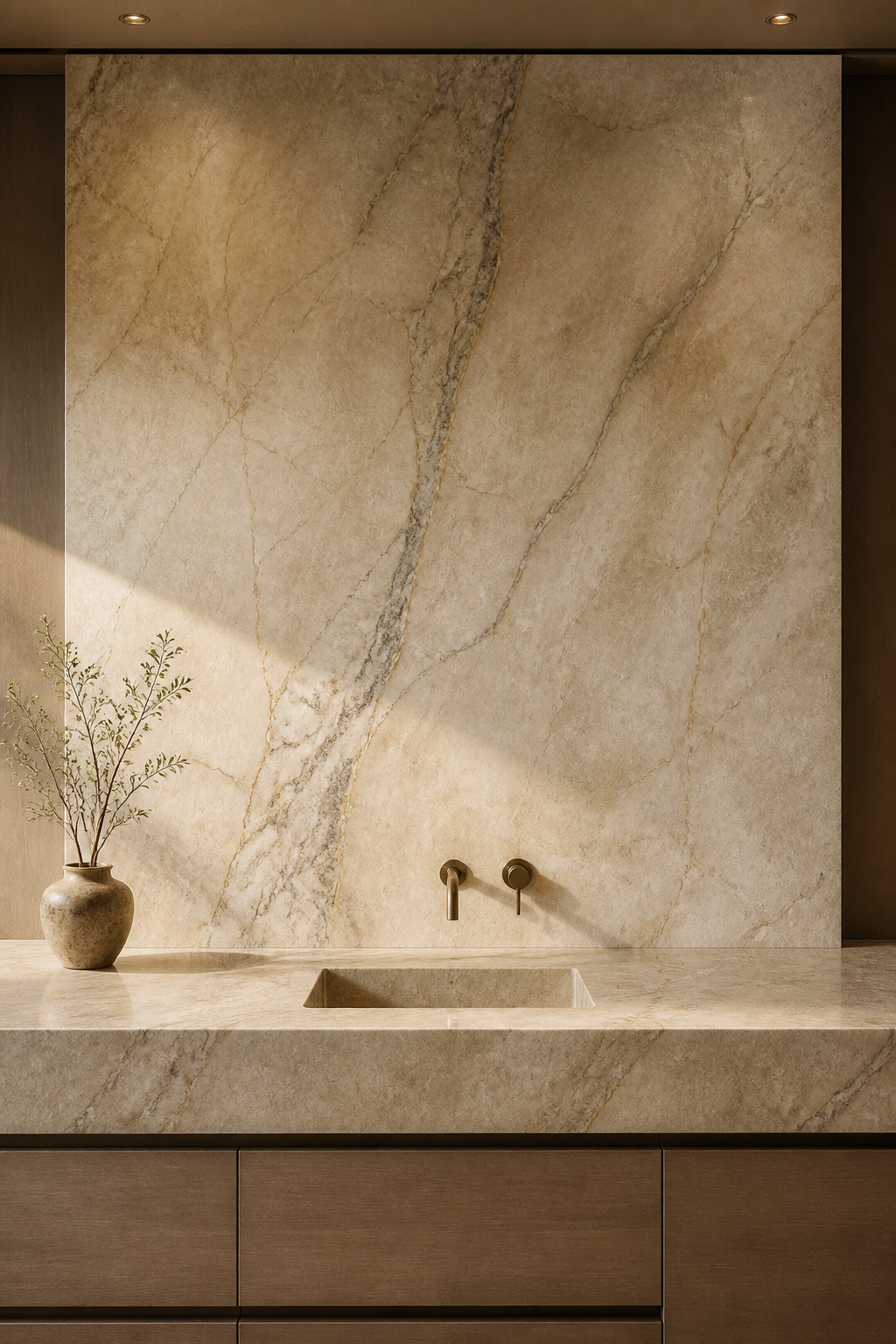 Taj Mahal quartzite running from counter to full-height backsplash creates geological drama through material continuity — the natural veining telling millions of years of mineral history across one architectural surface.