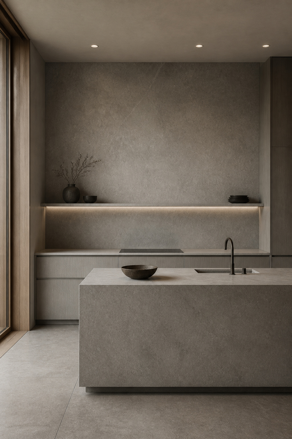 A single Dekton slab running from countertop to backsplash creates material unity that the eye reads as one continuous architectural surface rather than separate elements competing for attention.